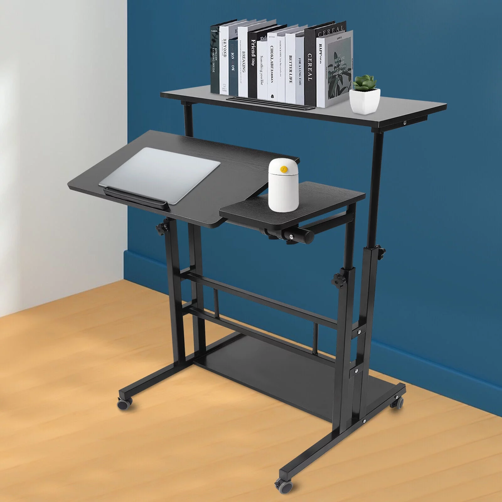 SHZICMY Rolling Laptop Desk Rectangular Stand Up Desk Adjustable Sofa Bedside Computer Table with Wheel 66lbs Black