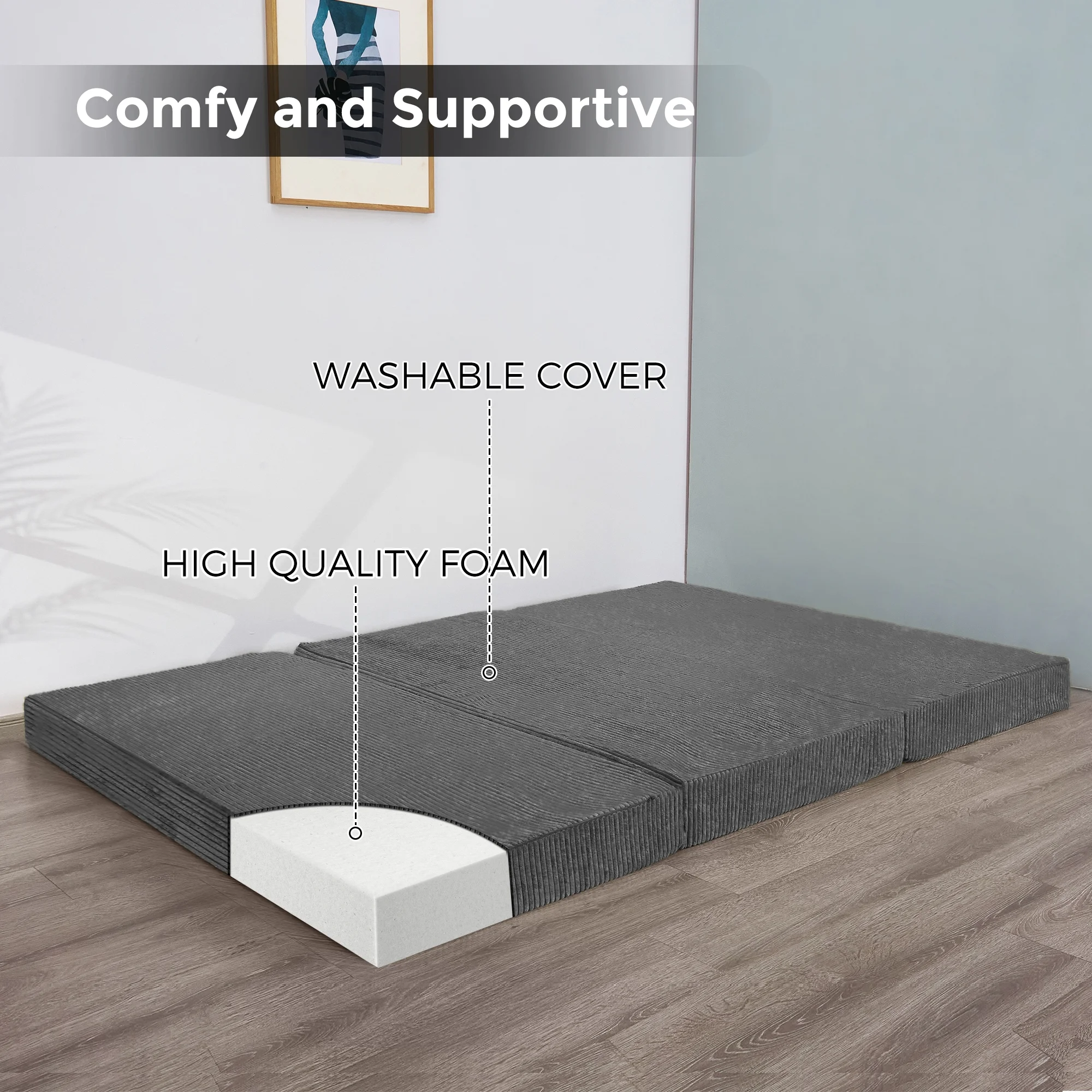 MAXYOYO 4 inch Folding Corduroy Mattress, Tri Fold Floor Mattress Thick with Washable Cover,Foldable in Three,Space-Saving for Guest (Dark Grey, Twin)