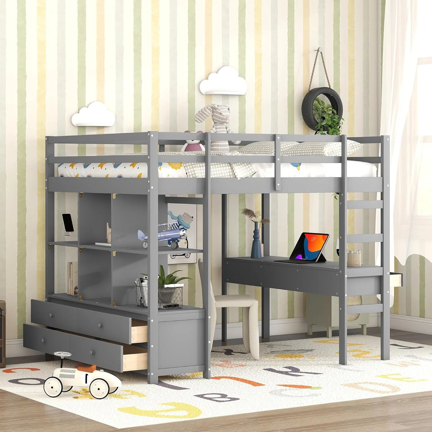 Full Size Loft Bed With Desk Ad Storage Drawers, Wood Loft Beds Frame With Bookcase Ad Shelves For Dorm Bedroom, High Loft Bed For Kids Adults Boys Girls Tees, Gray