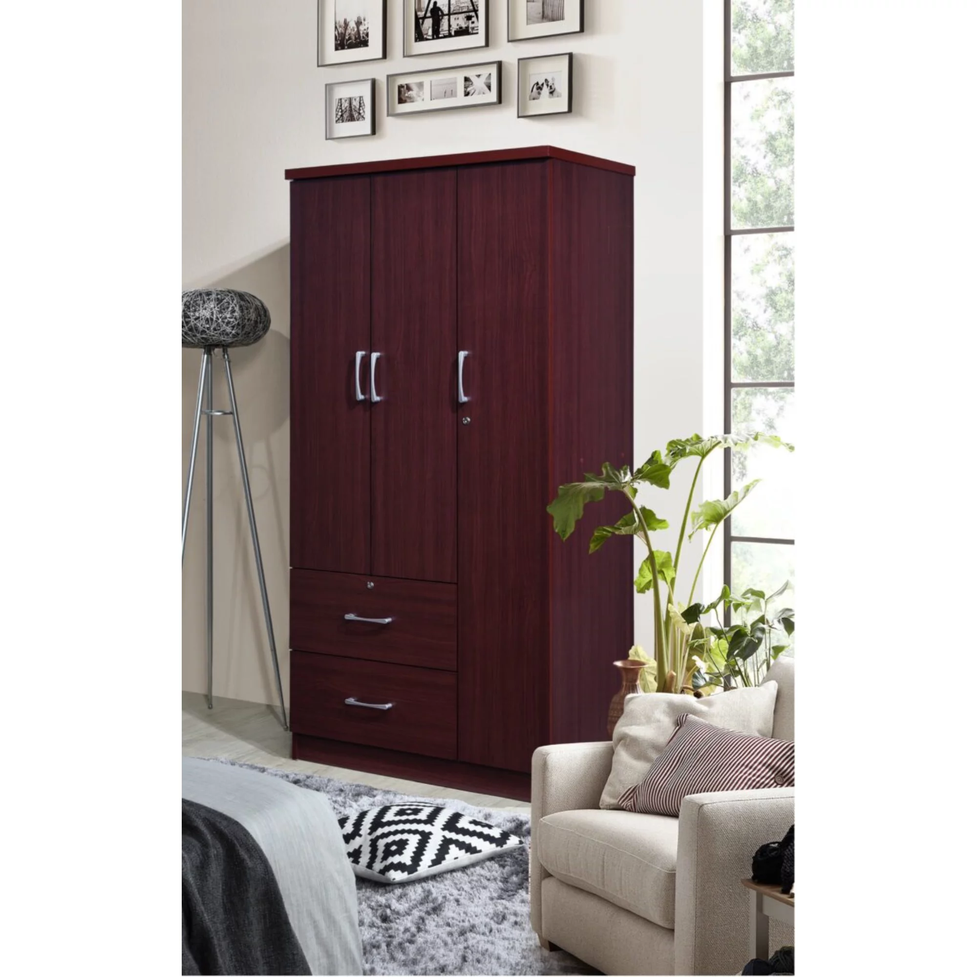 Hodedah 3 Door Armoire with 2 Drawers 3 Shelves in Mahogany Wood