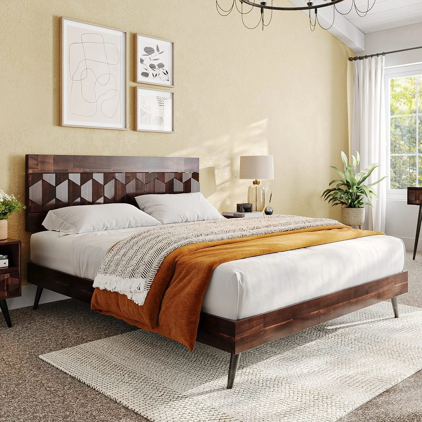 Aile Patronza King Solid Wood Bed Frame, Platform Bed, Rhombus Pattern Headboard, Natural