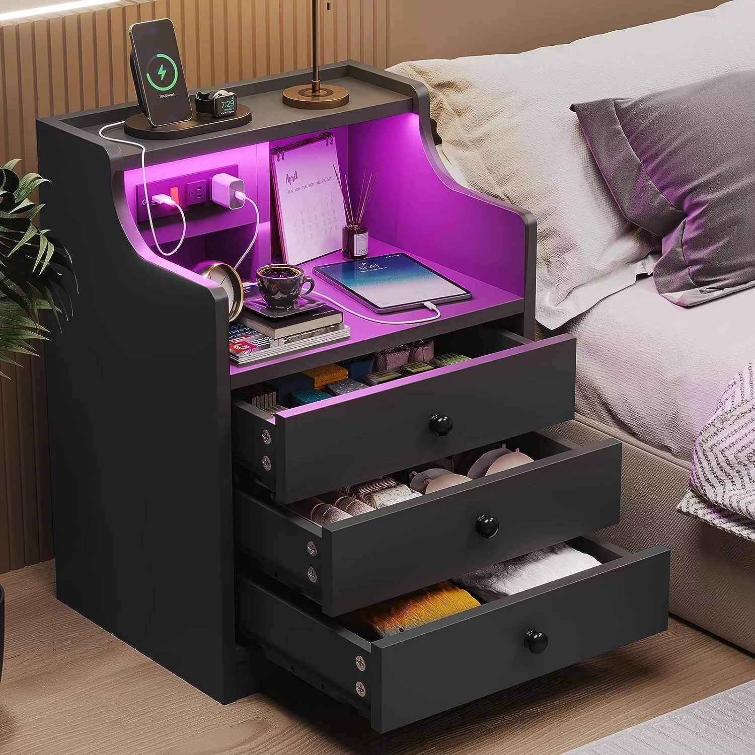AOGLLATI Nightstand with 3 Drawers and Shelves,Night Stand with LED Lights and USB Port Charging Station,LED Bedside Table with Hutch,Black