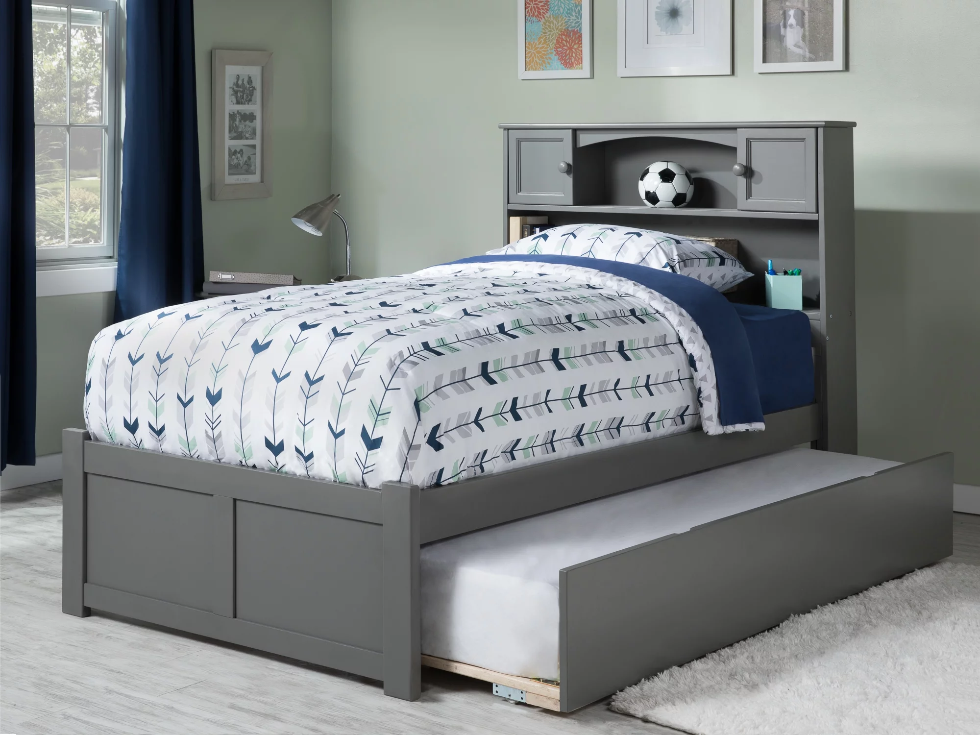 AFI Newport Full Solid Wood Platform Bed with Footboard & Full Trundle in Grey