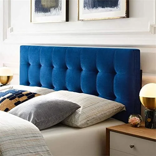 Modern Fabric Blue Biscuit Tufted Velvet Queen Headboard