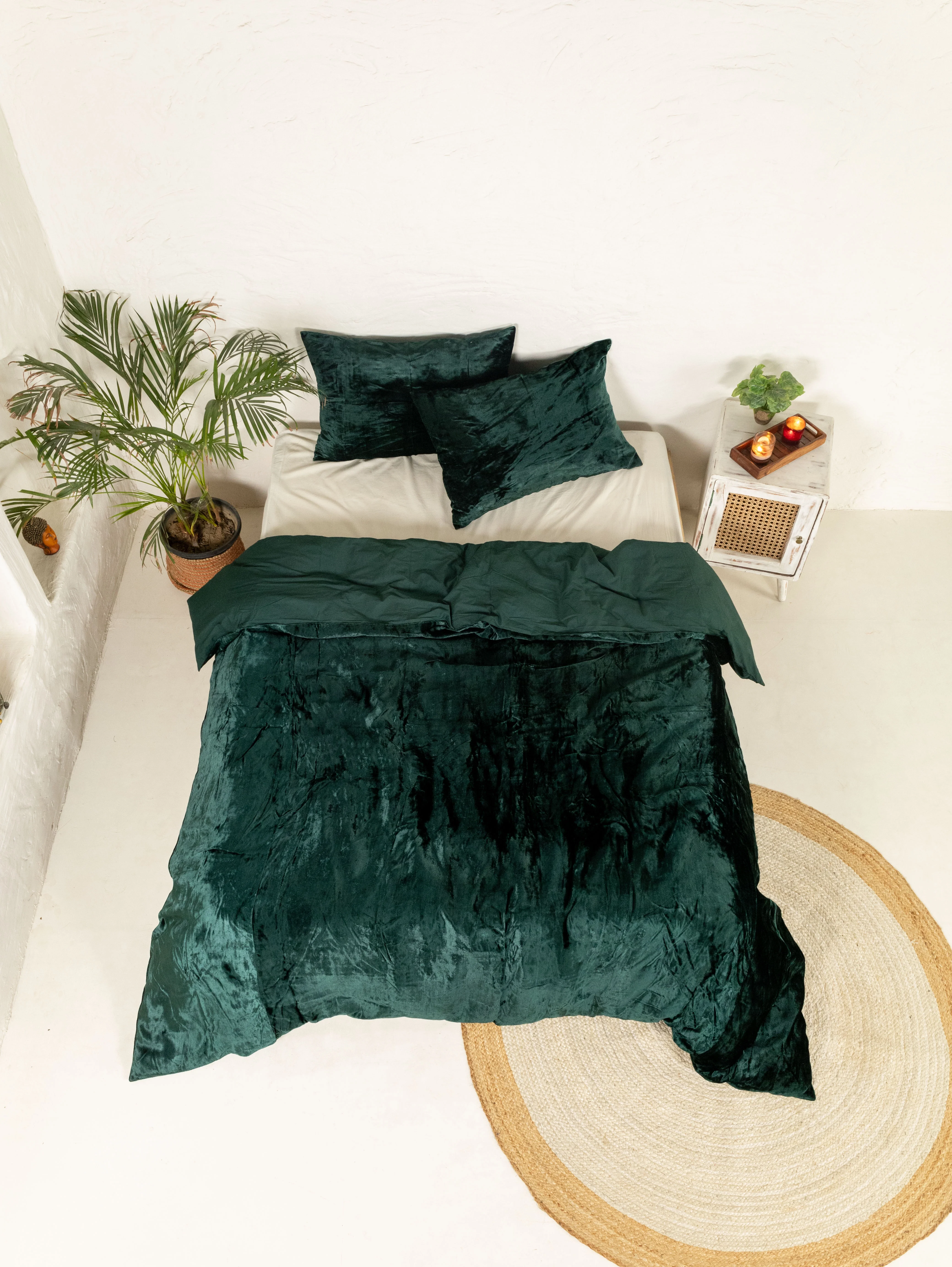 Vinsan International Ultra-Luxe Velvet Duvet Cover, Boho Bedding UO Comforter Donna Cover, 3 Pcs Set Emerald Green Color Duvet Set, Velvet Bedding Set Full Size