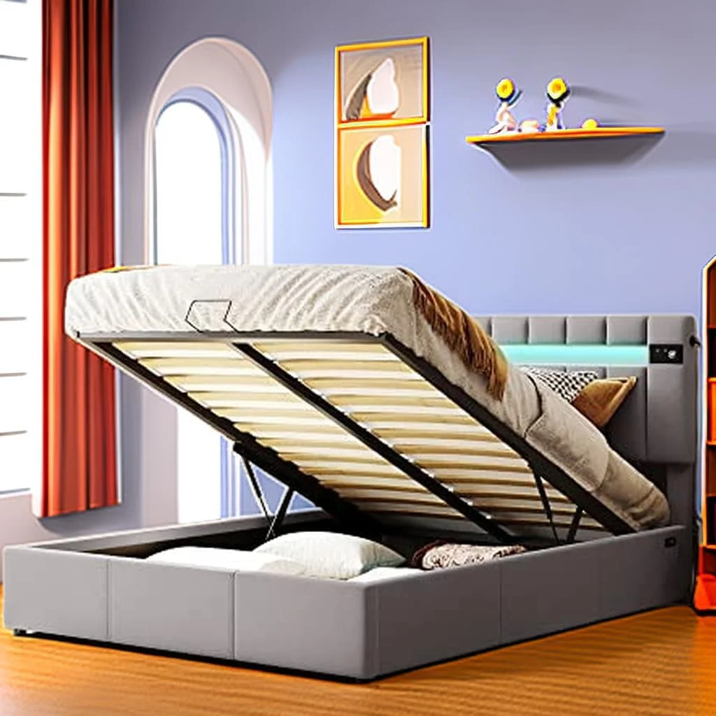Upholstered Bed Queen Size with LED Light & Bluetooth Player, Gray Velvet Fabric & USB Charging Ports, Easy-Use Hydraulic Double-Lift Mechanism, Large Storage Space