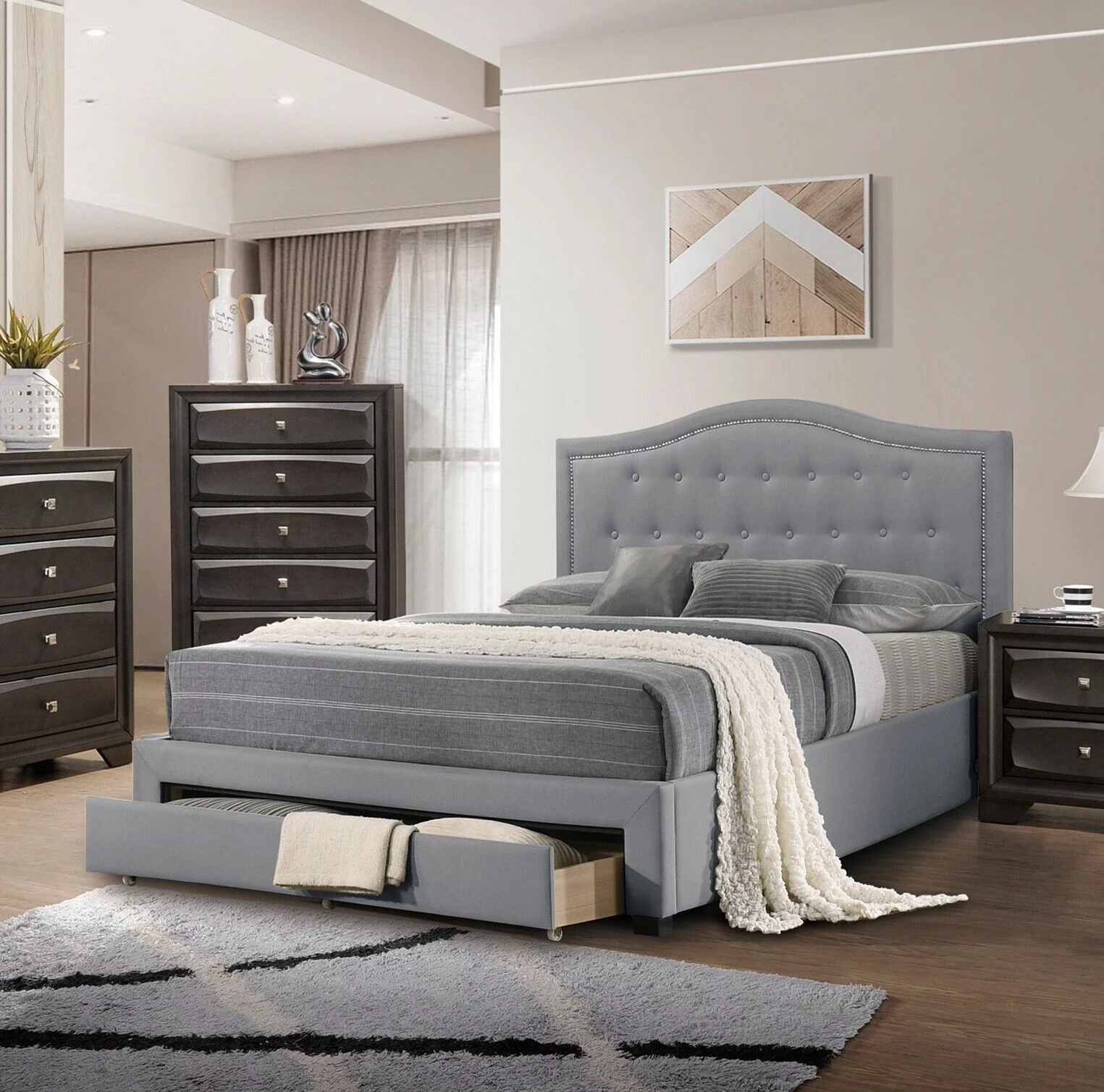 Light Gray Burlap Fabric Tufted Headboard Storage Footboard Full Size Bed 1pc Bedroom Furniture Particle Board