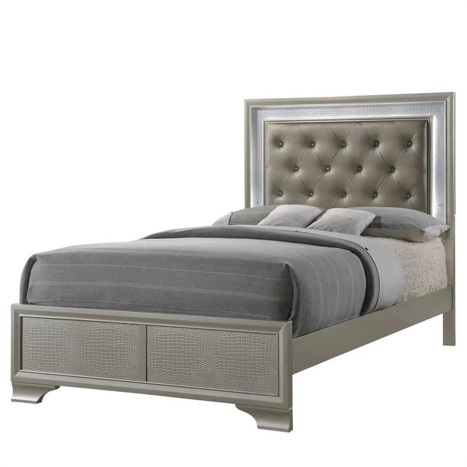 Modern Champagne Faux Finish 4pc Twin Size LED Backlit HB Bed Dresser Mirror Nightstand Wooden Bedroom Storage Furniture Set