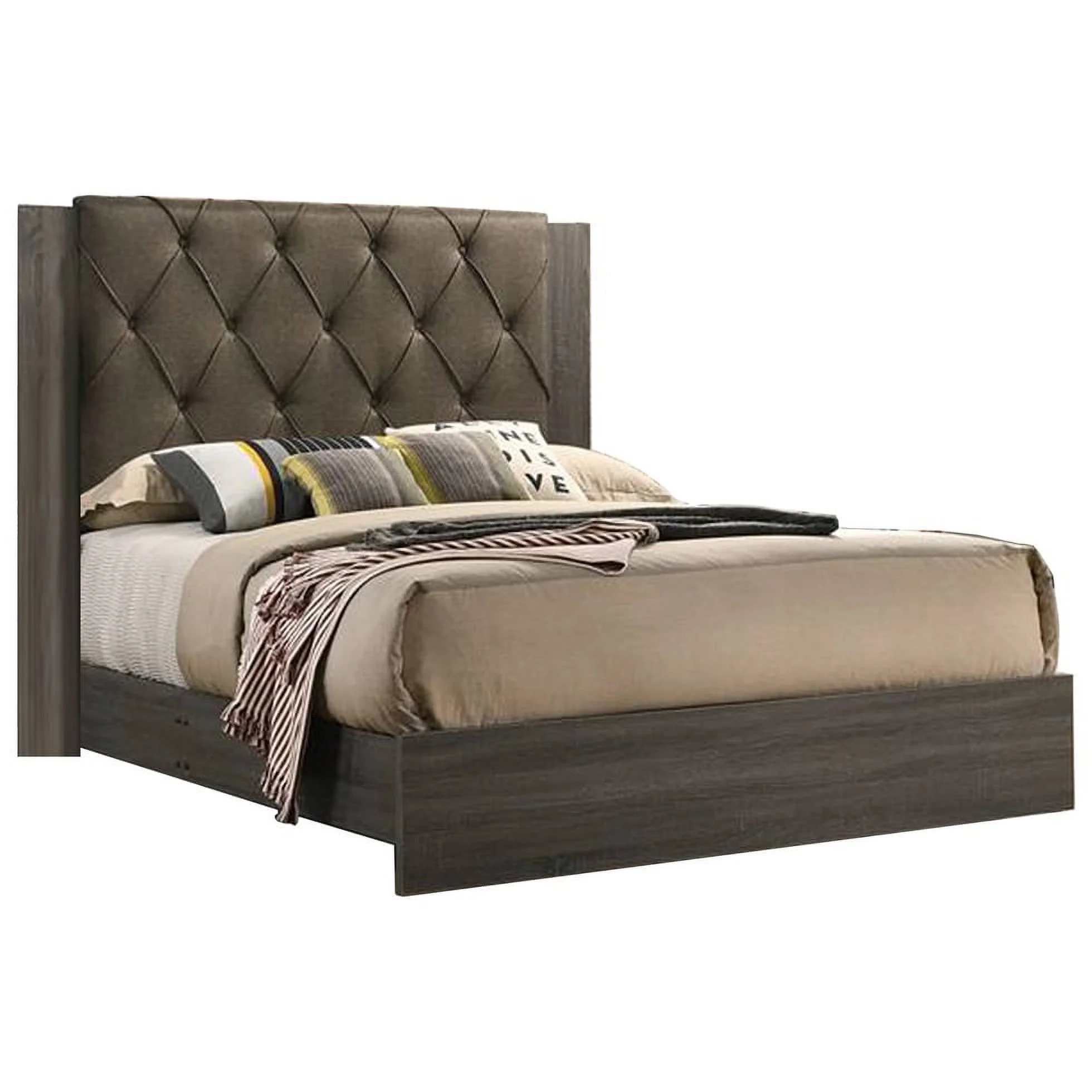 Contemporary Upholstered Tufted Headboard Queen Size Bed Gray Color Wooden 1pc Set Bedframe Slats