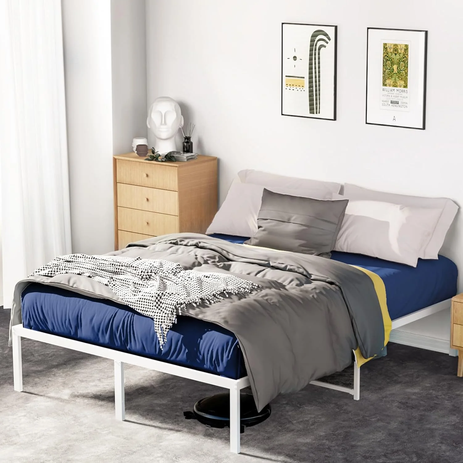 YGDU 14 Inch Full Bed Frame with Storage Heavy Duty Tall Metal Platform Bed Frame with Steel Slats No Box Spring Needed Noise Free Anti Slip White