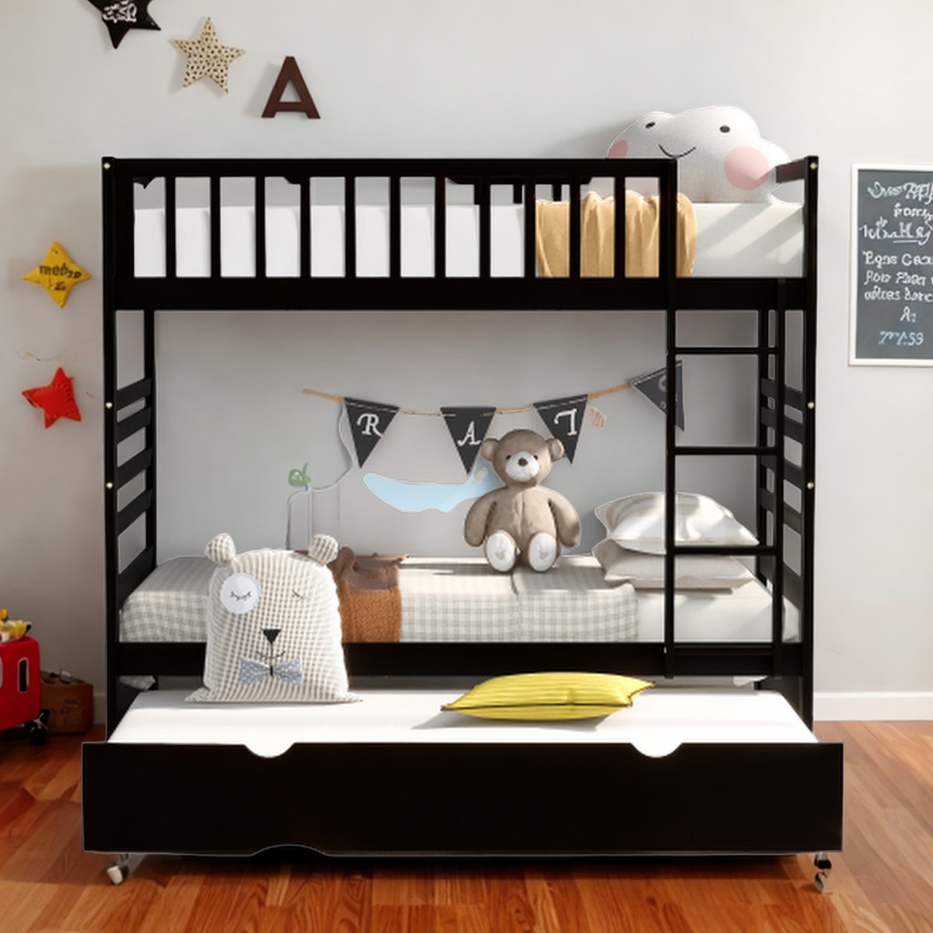 Twin Bunk Beds for Kids with Safety Rail and Movable Trundle Bed (Brown)