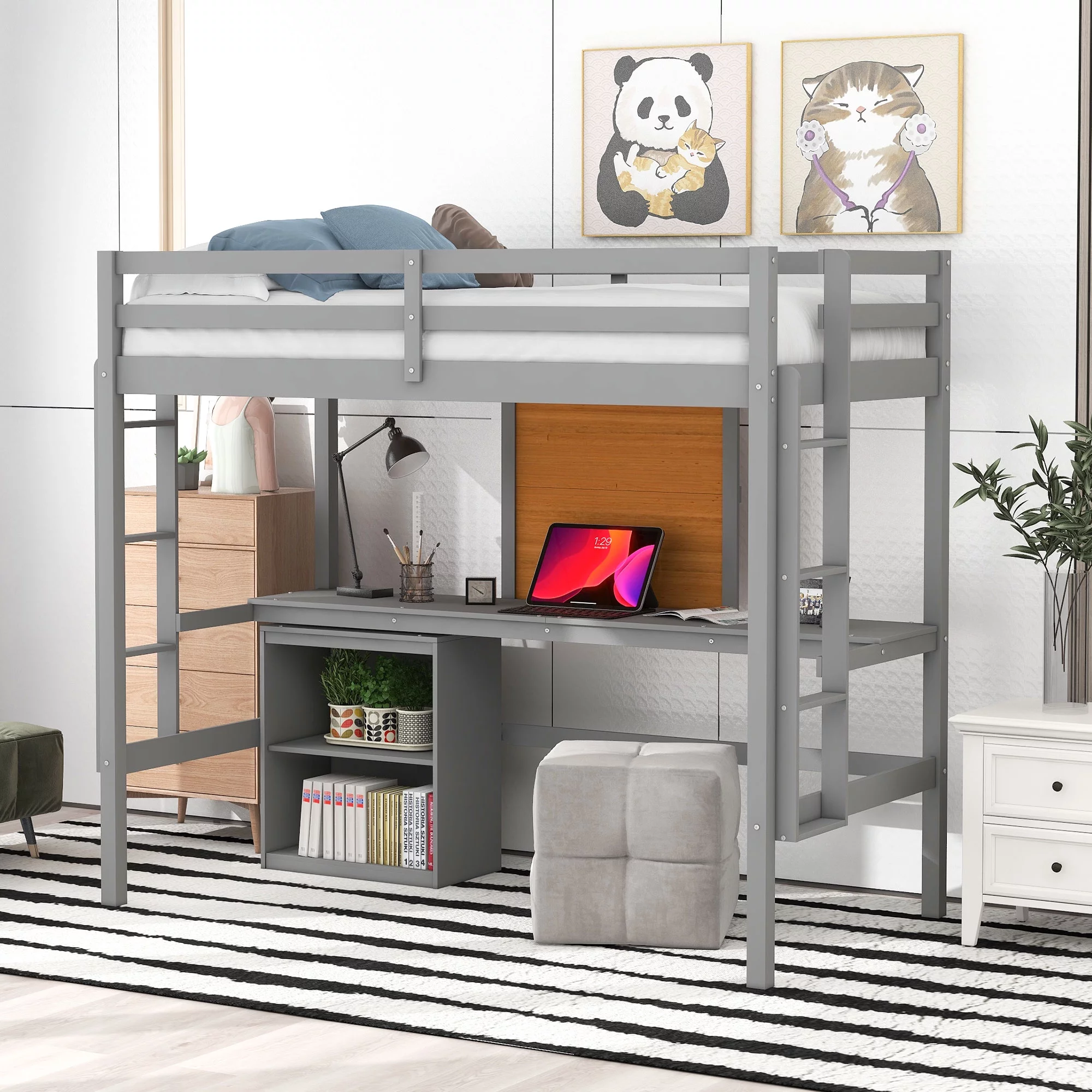 CoSoTower Twin size Loft Bed with Desk and Writing Board, Wooden Loft Bed with Desk & 2 Drawers Cabinet- Gray