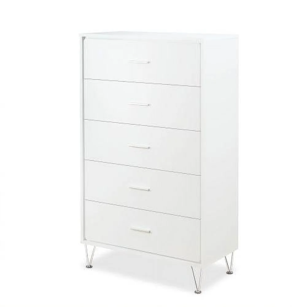 Contemporary Style Deoss Wooden Chest of 5 Storage Drawers with Wooden Case-Frame and Metal Legs, Bedroom Furniture (White)