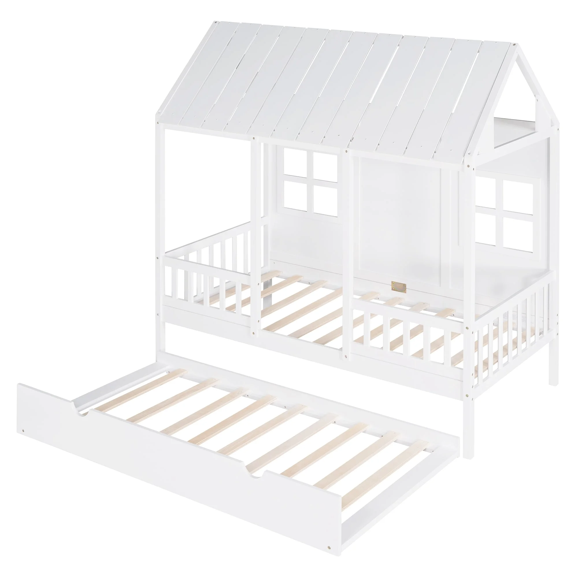 Twin Size Wood House Bed With Twin Size Trundle Daybed White
