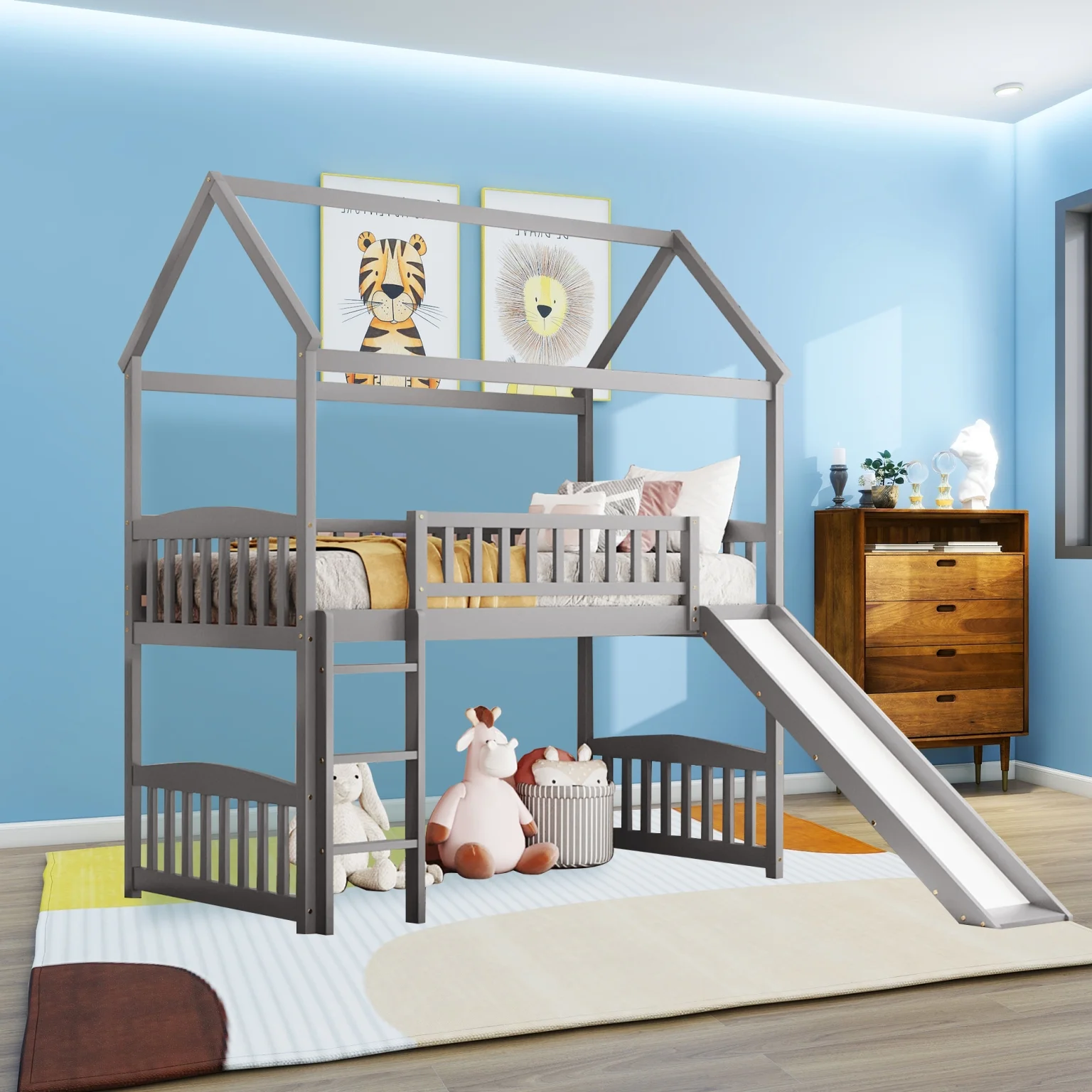 Twin Loft Bed with Desk and Shelves, Wood Loft Bed Frame with Storage Drawers, for Kids Teens Adults - Gray