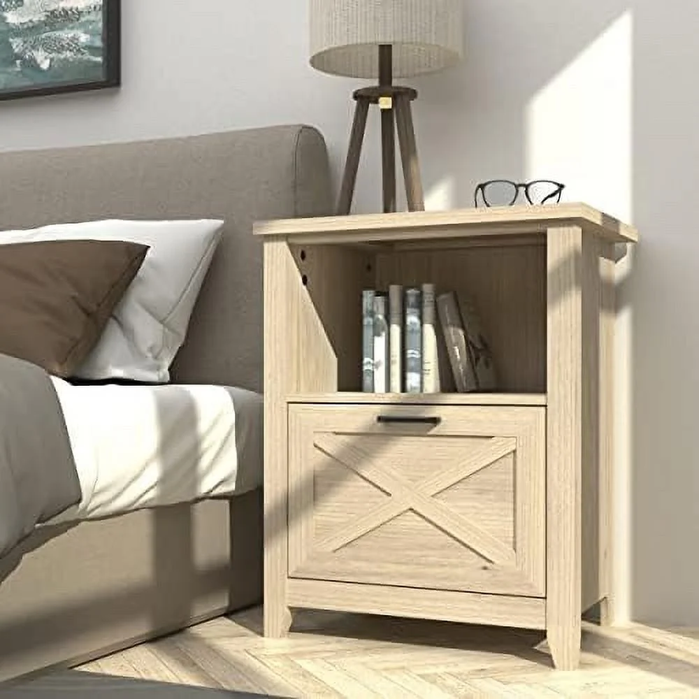 KHBIULIFE 30" Tall Nightstand for King & Queen Bed with Drawer & Open Cubby - Beige Wood End Table Bedside Table for Living Room Bedroom Sonoma Oak