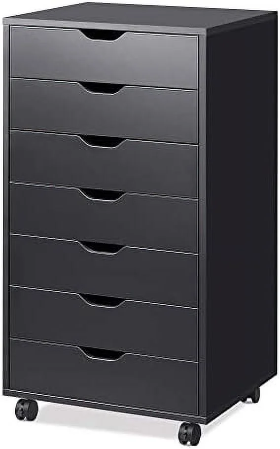 CCBIUOMBO 7 Drawers Chest - Black Wood  Dresser Cabinet with Wheels  Office  Organizer with Drawers  File Cabinet for Home and Office