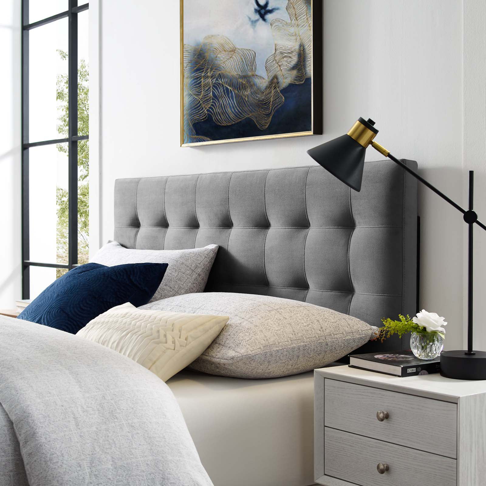 Contemporary Modern Urban Designer Bedroom Full Size Tufted Headboard, Velvet Fabric, Grey Gray