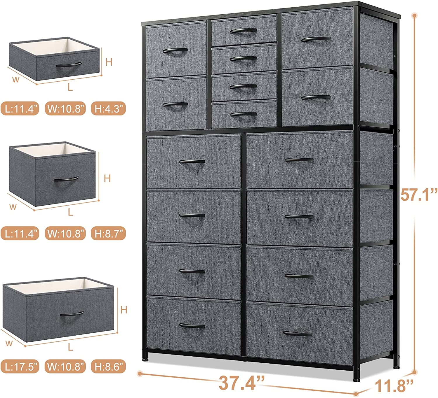 16 Drawer Dresser  Tall Dresser for Bedroom with Wooden Top and Sturdy Metal Frame  Large Bedroom Dressers & Chest of Drawers for Bedroom Closet Living Room Entry 57.1"Hx 37.4"