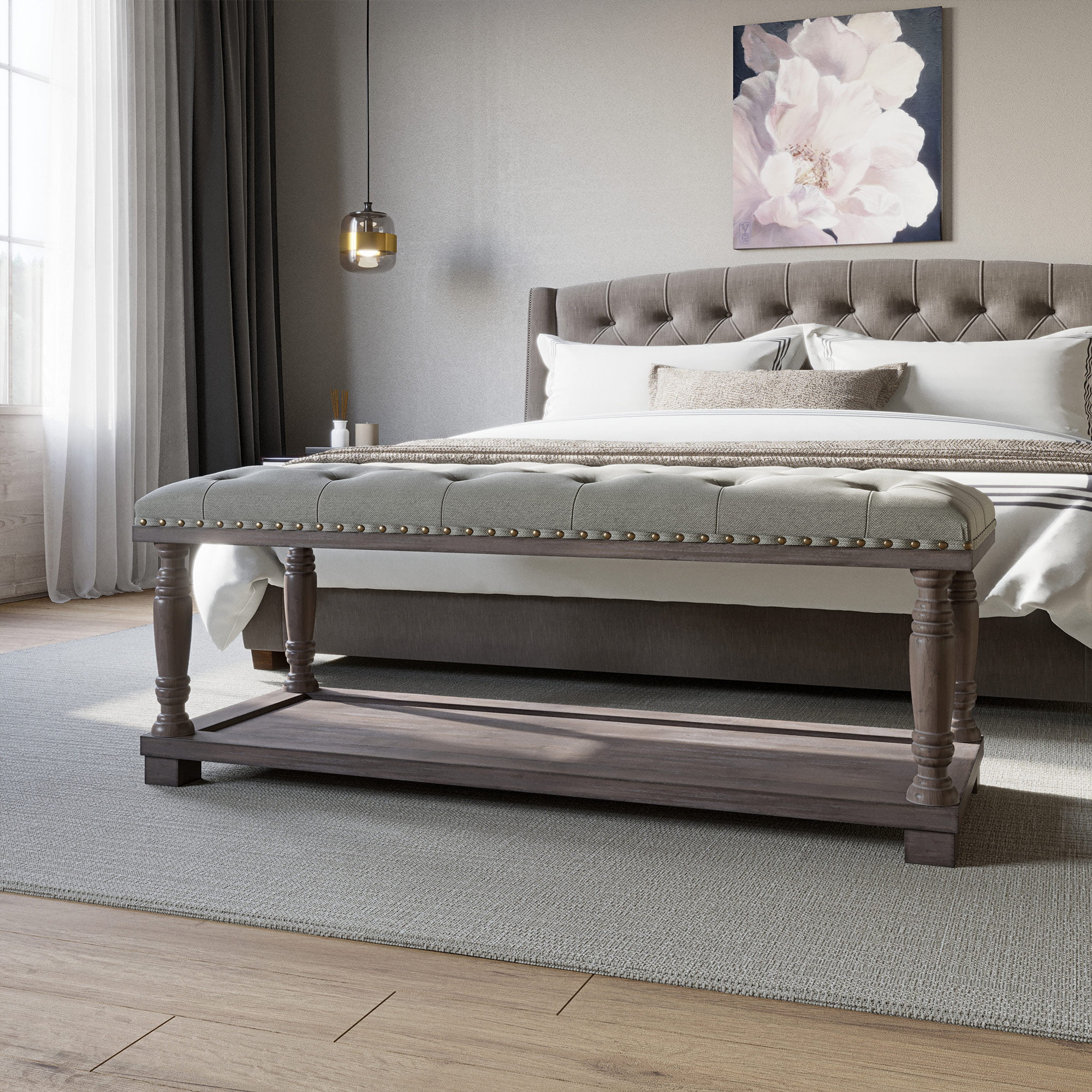 BELLEZE Modern 46 Inch Luxury Button Tufted Ottoman Bench With Storage Shelf, Upholstered Linen Fabric Footrest for Living Room, Entryway, or Bedroom - Caramia (Gray)