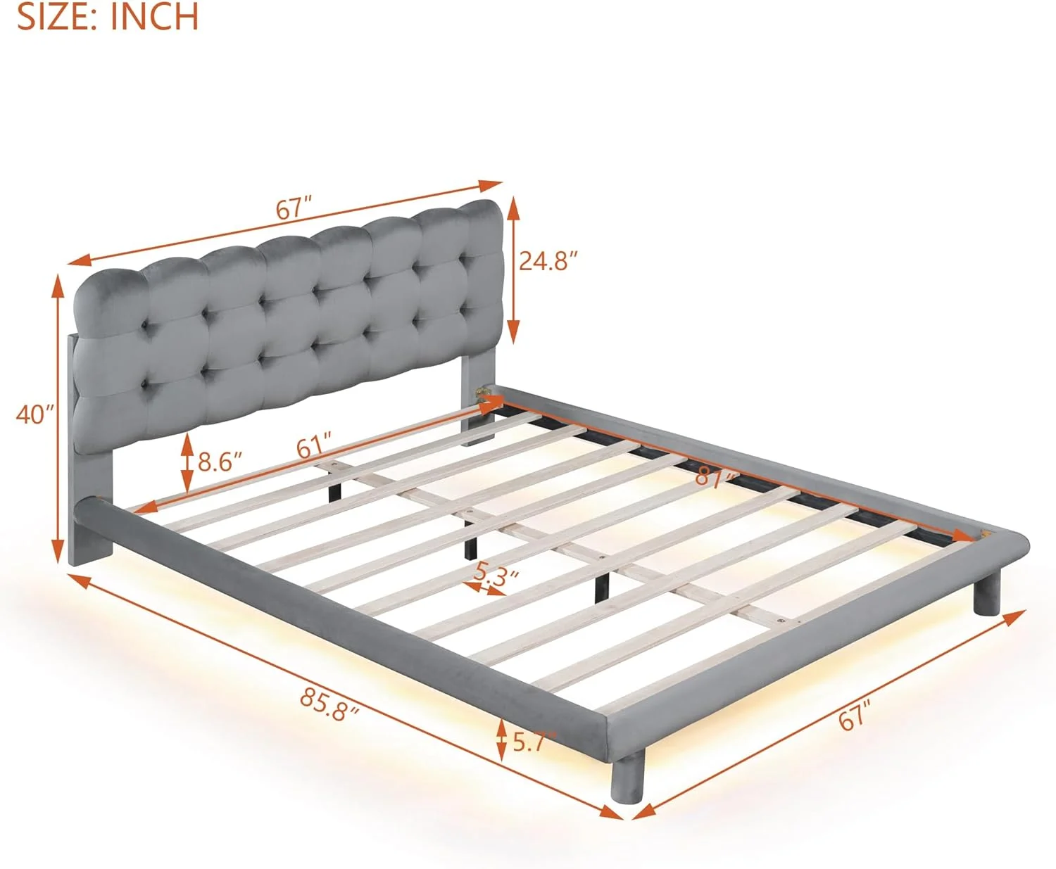 LED Bed Frame Quee Size, Upholstered Platform Bed With Butto Tufted Headboard, Floatig Bed Frame With RGB Light, Velvet Low Bed With Slats Support, o Box Sprig eeded, Gray