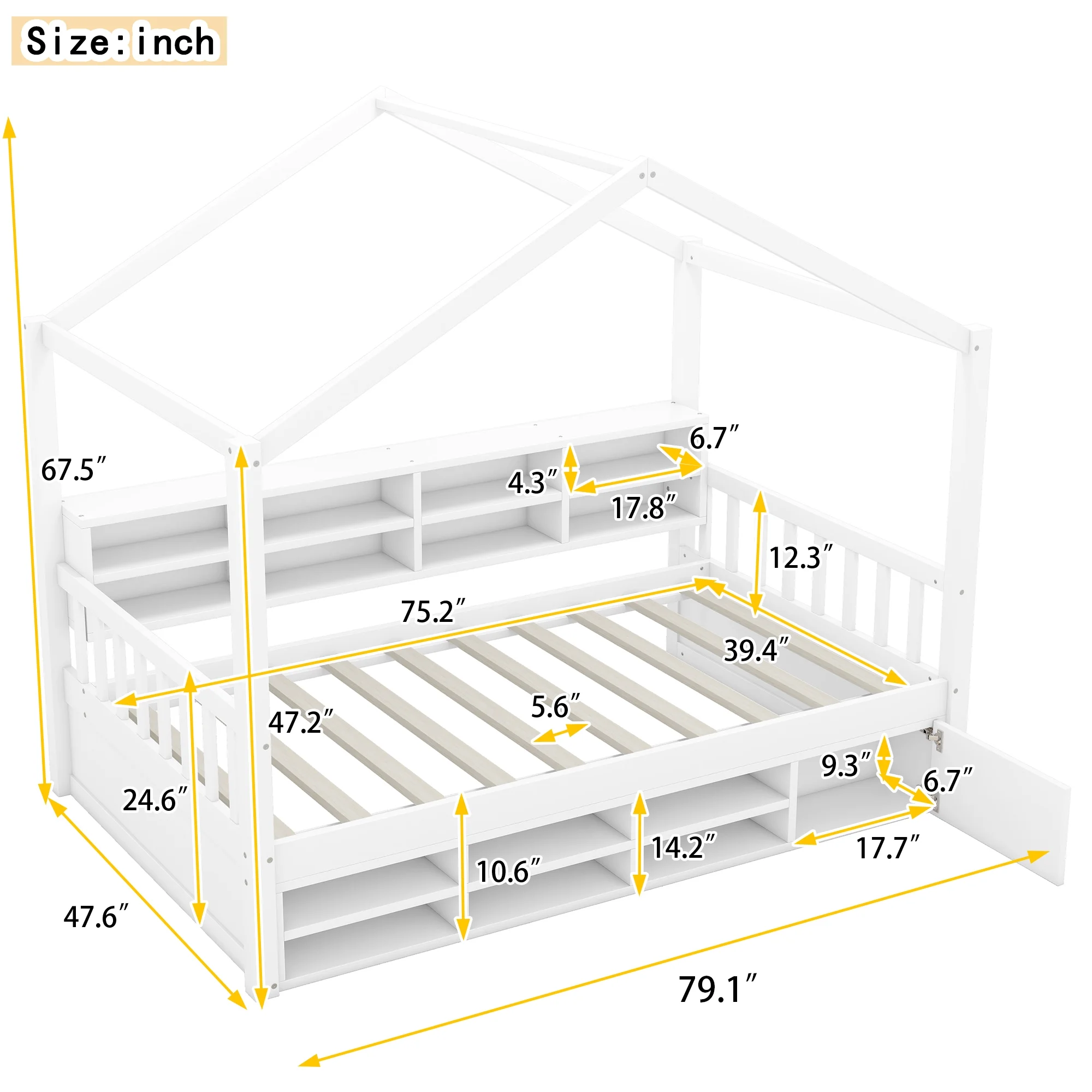 Churanty Wooden Twin Size House Platform Bed Frame with Shelves and a Mini-Cabinet, House Bed Twin Size Montessori Bed Frame for Kids, White