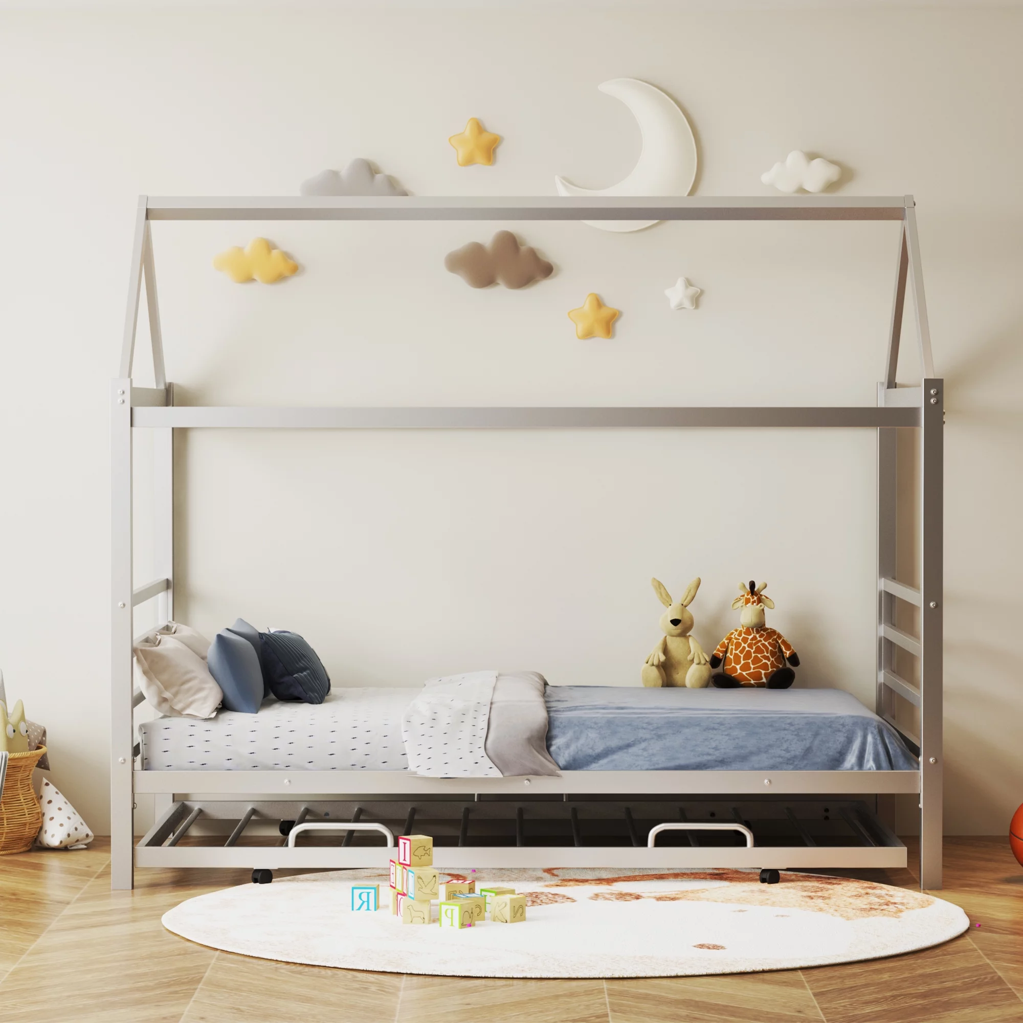 Holdolife Twin Size Metal House Shape Platform Bed with Trundle, Silver
