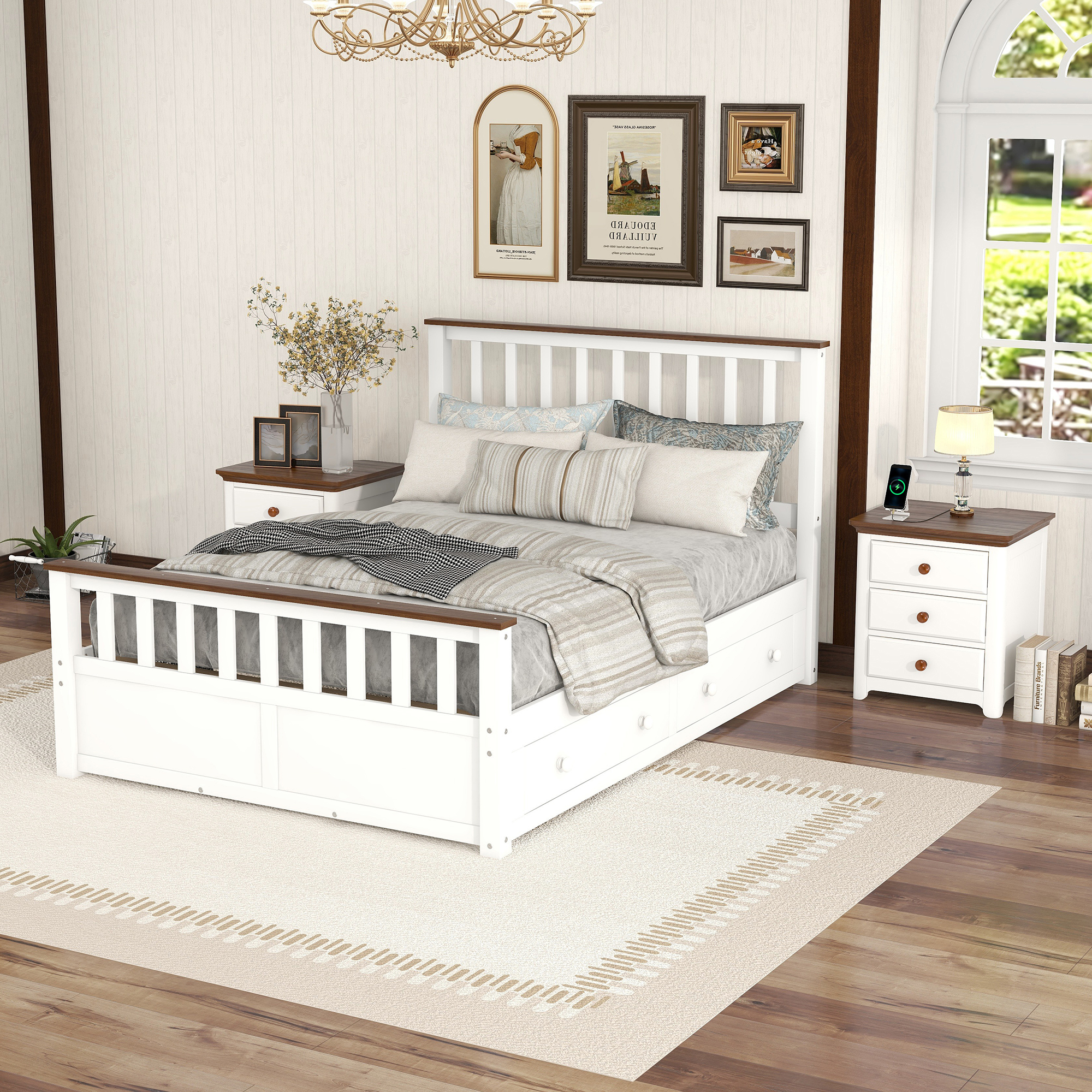 3-Pieces Bedroom Sets Full Size Platform Bed with Two Nightstands(USB Charging Ports),White+Walnut