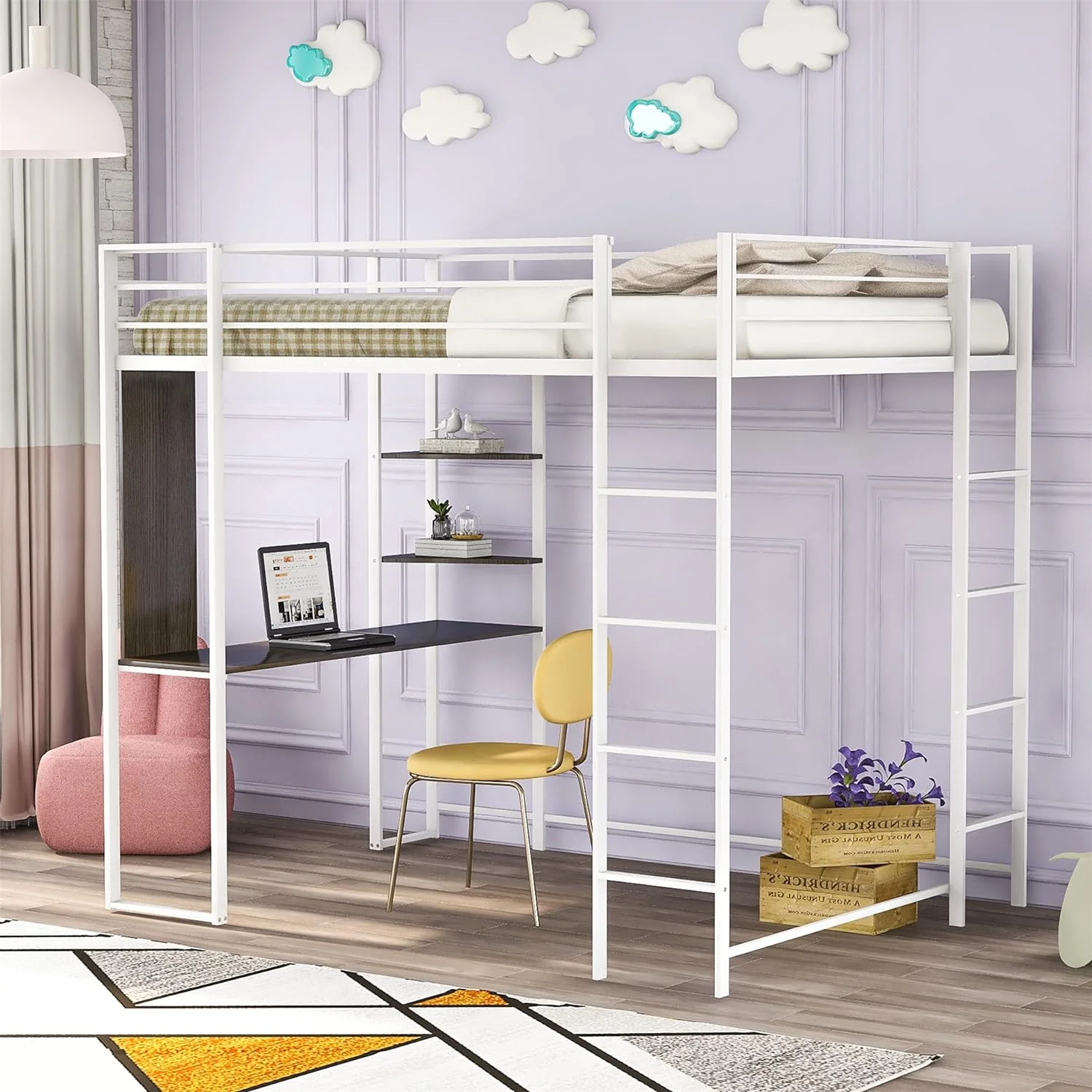 Metal Loft Bed Size With Desk And Bookcase, Loft Bed Full-Length Guardrail, No Box Spring Needed (White)
