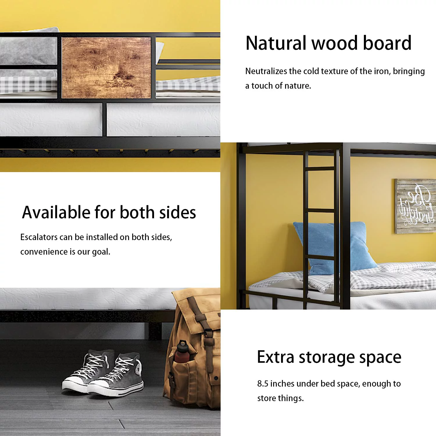 Bunk Bed Twin Over Twin Size with Ladder and Full-Length Guardrail, Metal, Storage Space, No Box Spring Needed, Noise Free, Black