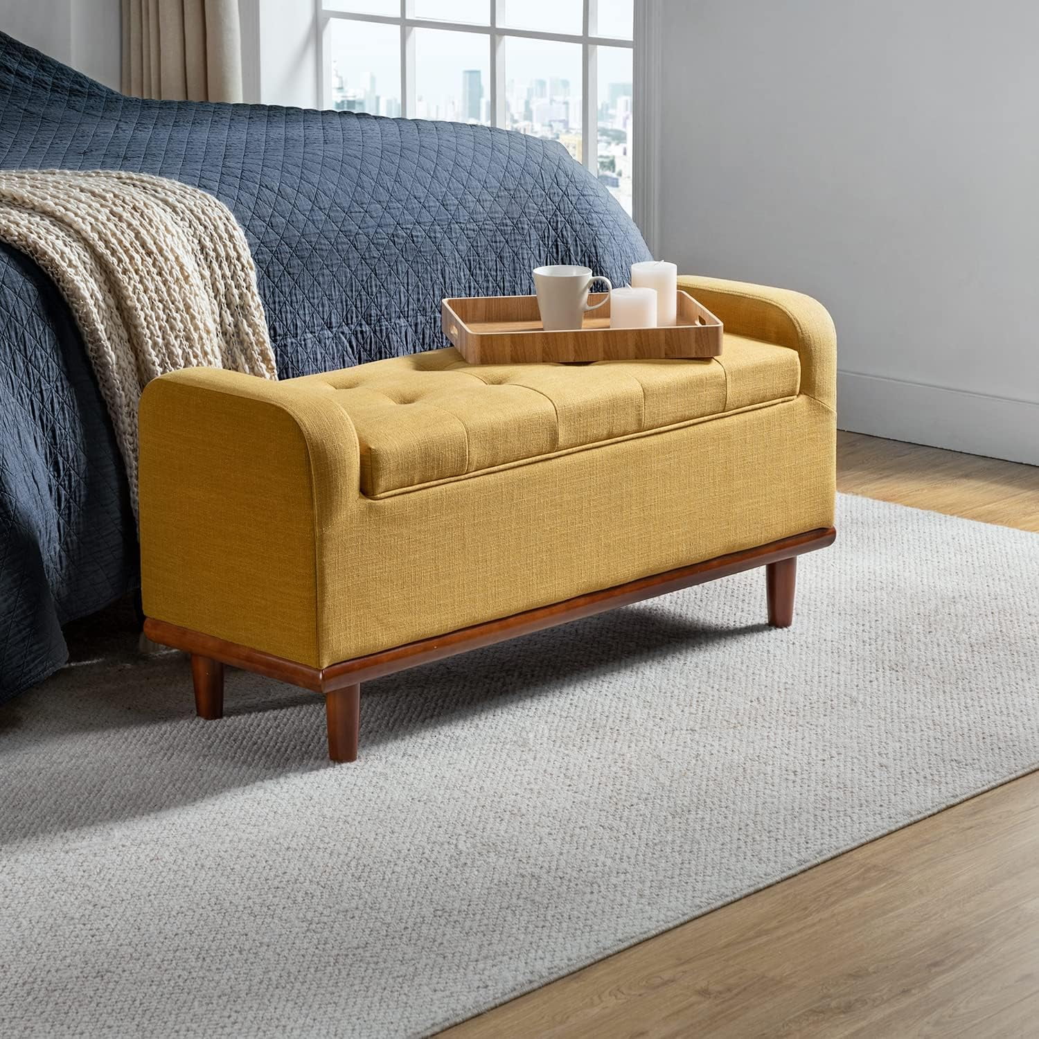 Storage Ottoman Bench With Arms & Wooden Legs, Button Tufted Bedroom Bench For End Of Bed, Upholstered Accent Bench For Entryway Living Room Dining Room, Mustard