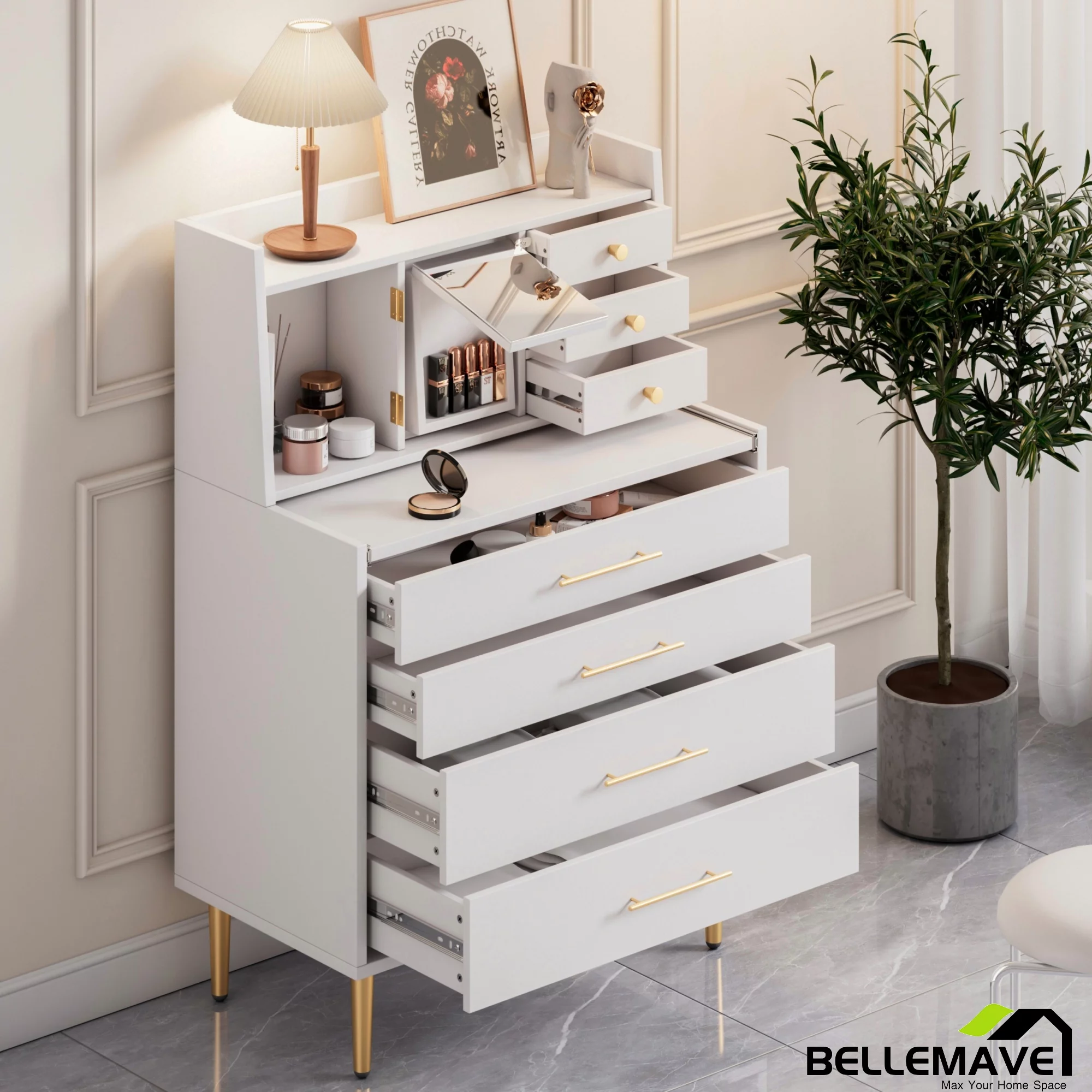 Bellemave Whhite Vanity Makeup Table with 7 Drawers, Mirror and Retractable Table, Versatile Storage 7-Drawer Dresser with Mirror, Cabinet and Table for Bedroom