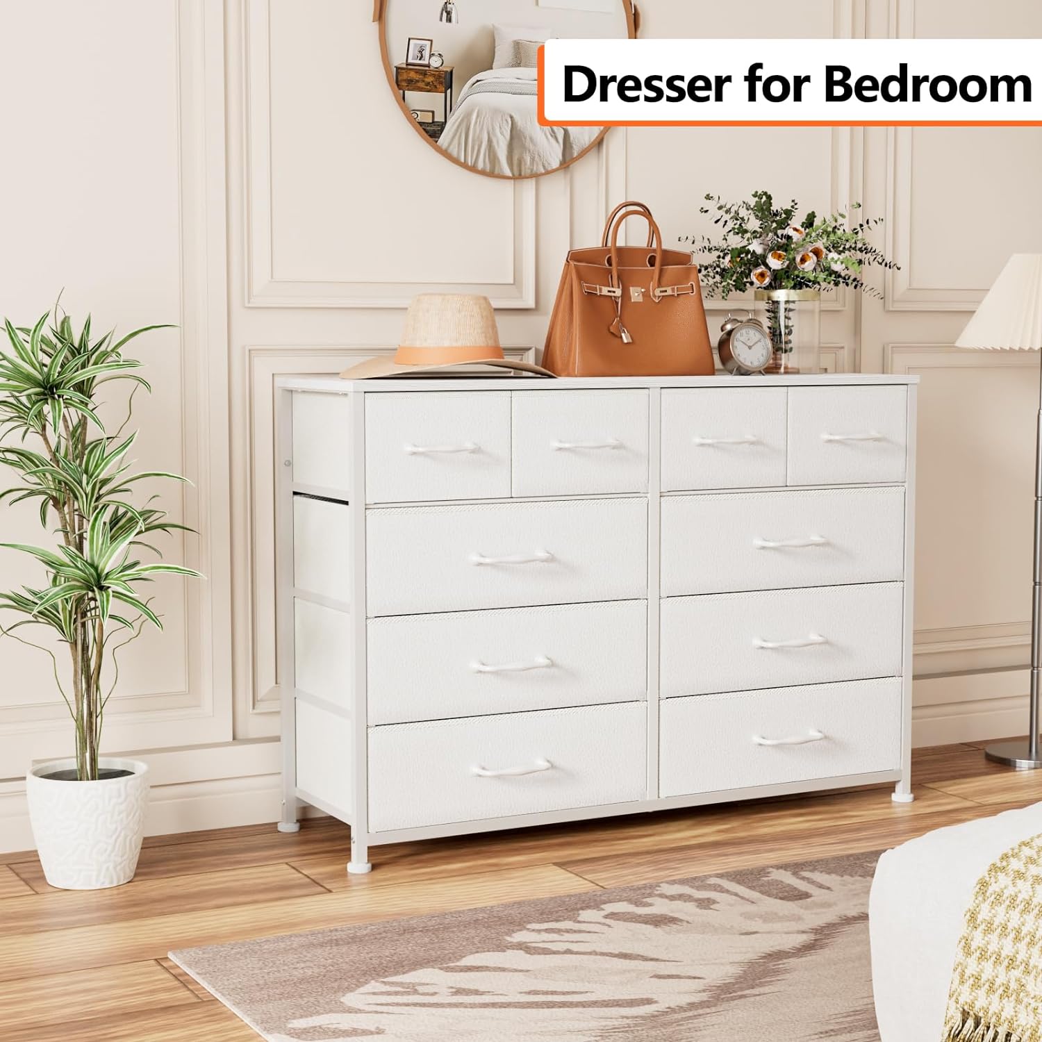 FJU White Dresser for Bedroom, 10 Drawers Dresser for 55'' Long TV Stand Entertainment Center, Storage Organizer for Closet, , , Fabric Bins, Wood Top, Metal Frame(White)