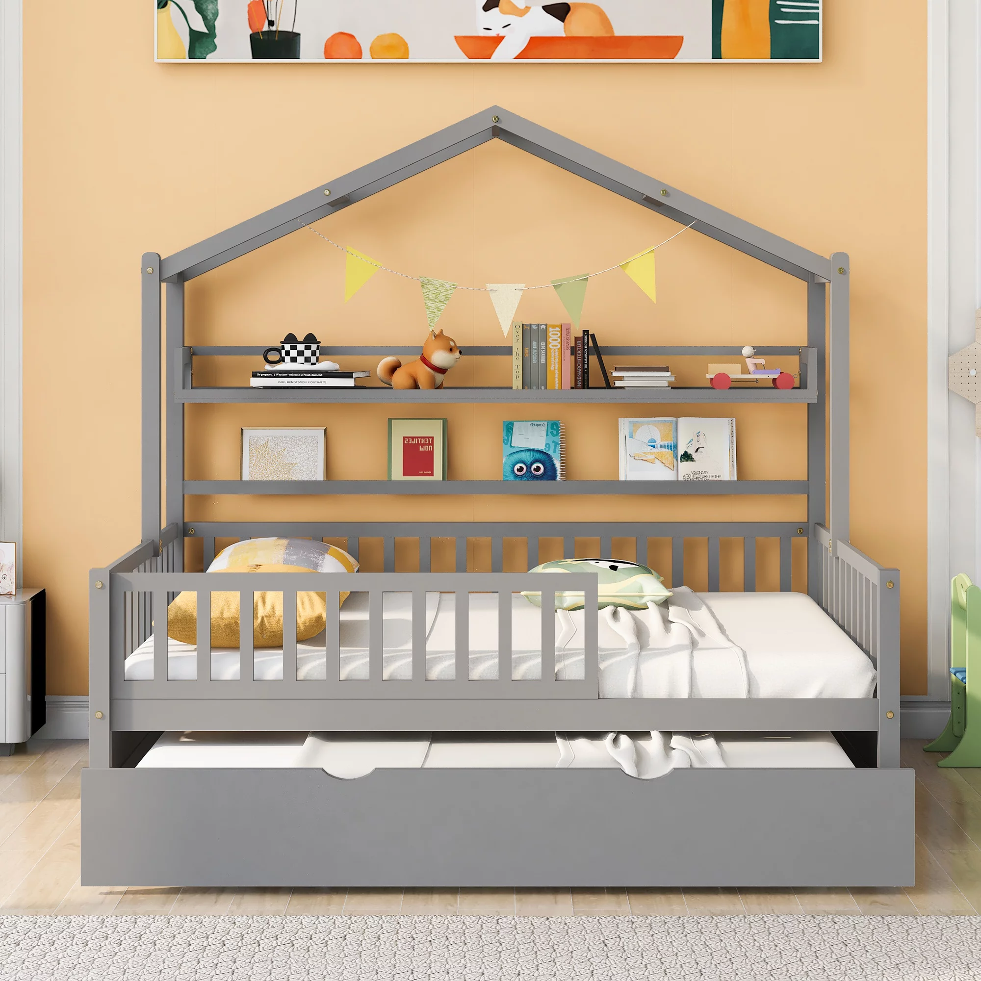 Churanty Full Size House Bed with Trundle and Storage Shelves, Kids Platform Bed with Fence Rails Wood Playhouse Tent Bed Frame for Girls Boys,Gray