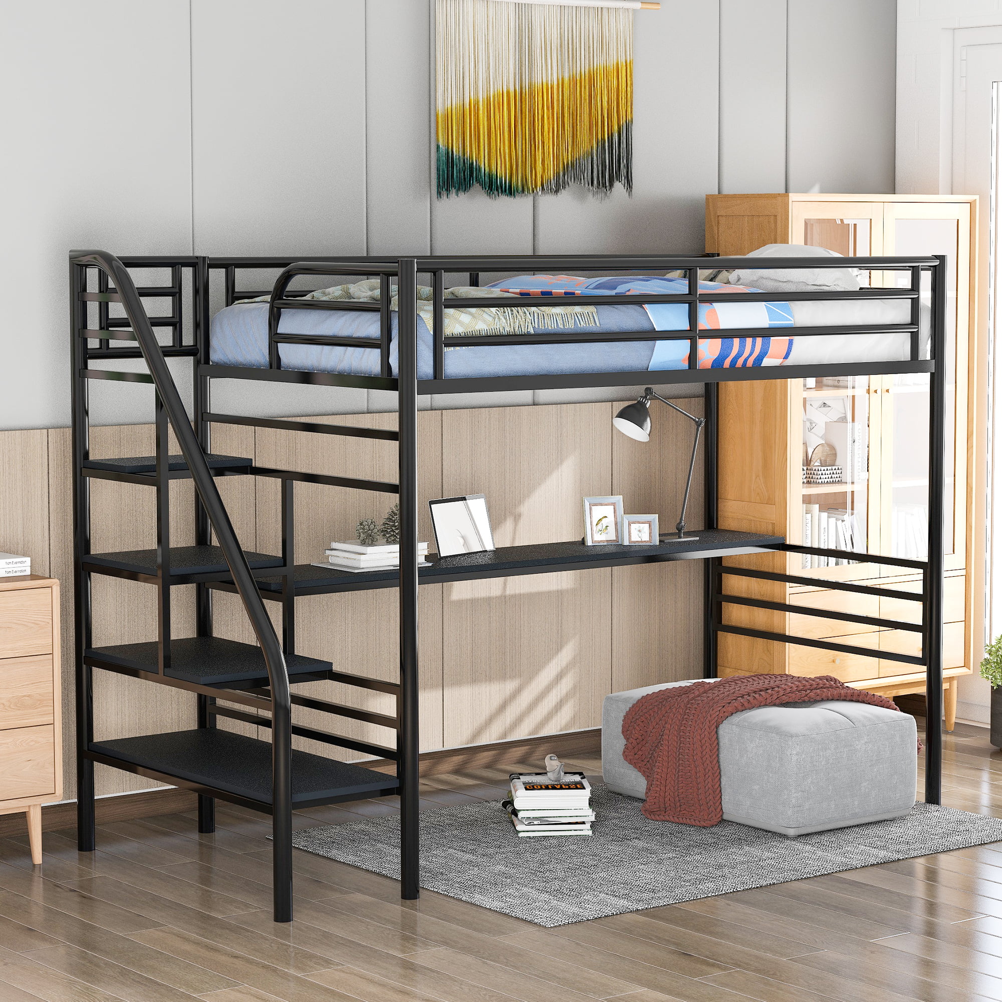 Twin Metal Loft Bed Frame with Desk, No Box Spring Needed