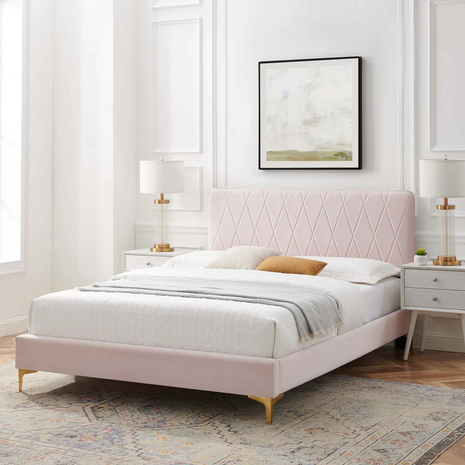 Modway Phillipa Performance Velvet King Platform Bed in Pink