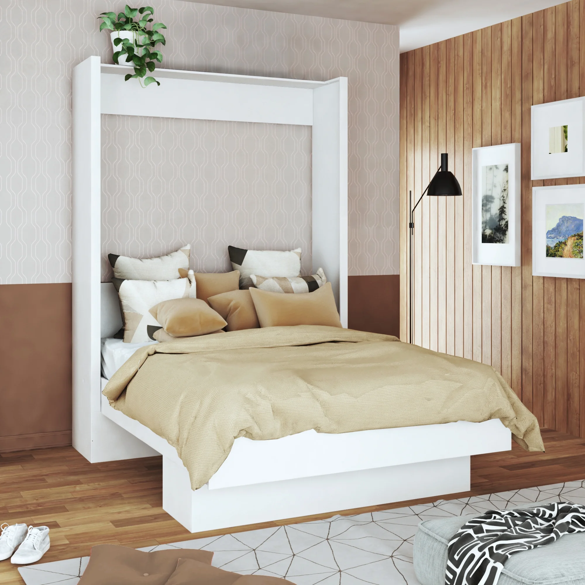 Easy-Lift Queen Murphy Wall Bed in White with Shelf