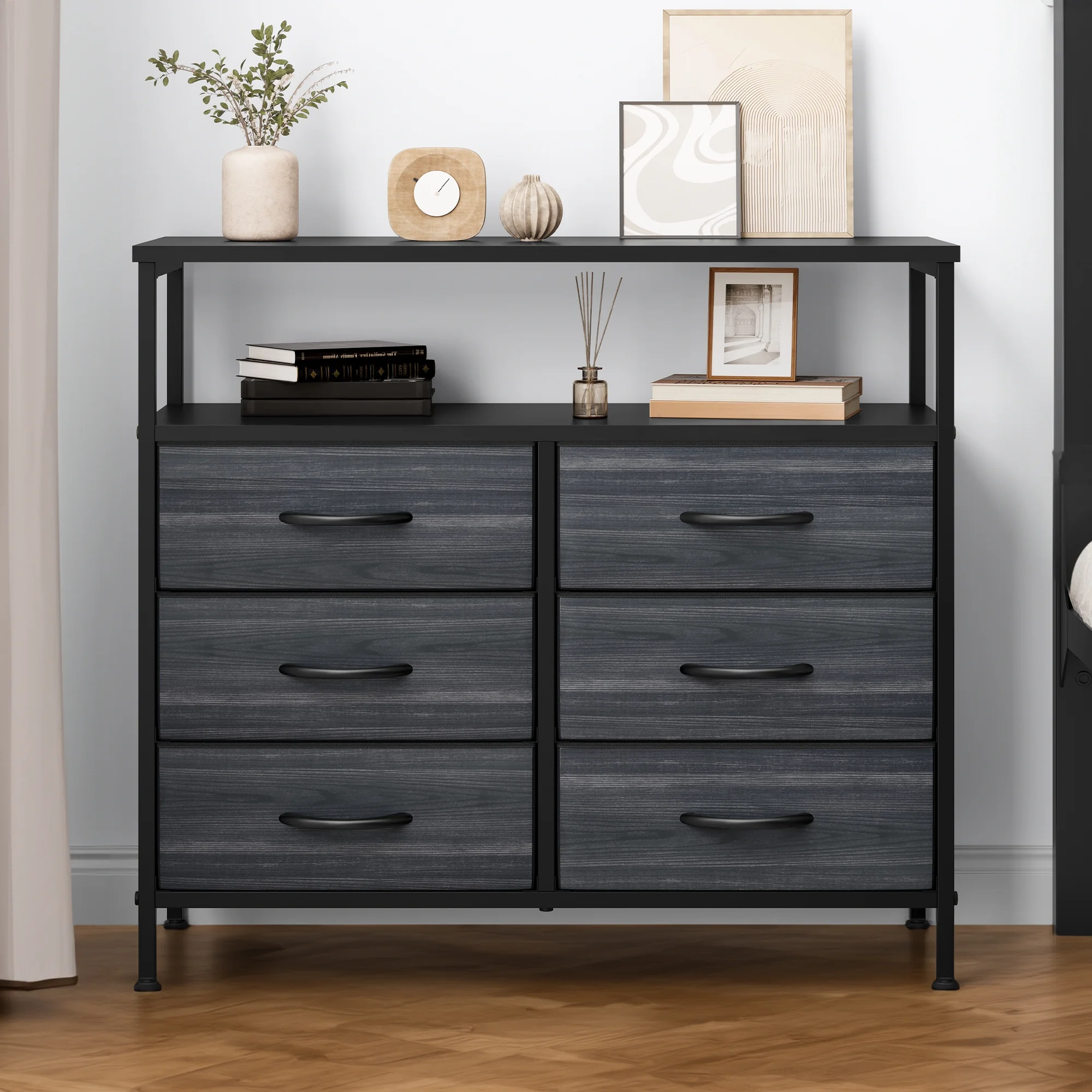 Dextrus 6-Drawer Dresser for Bedroom with Shelves, 6 Foldable Drawers with Smooth Drawer Plastic Handles, Fabric Bins Cabinet