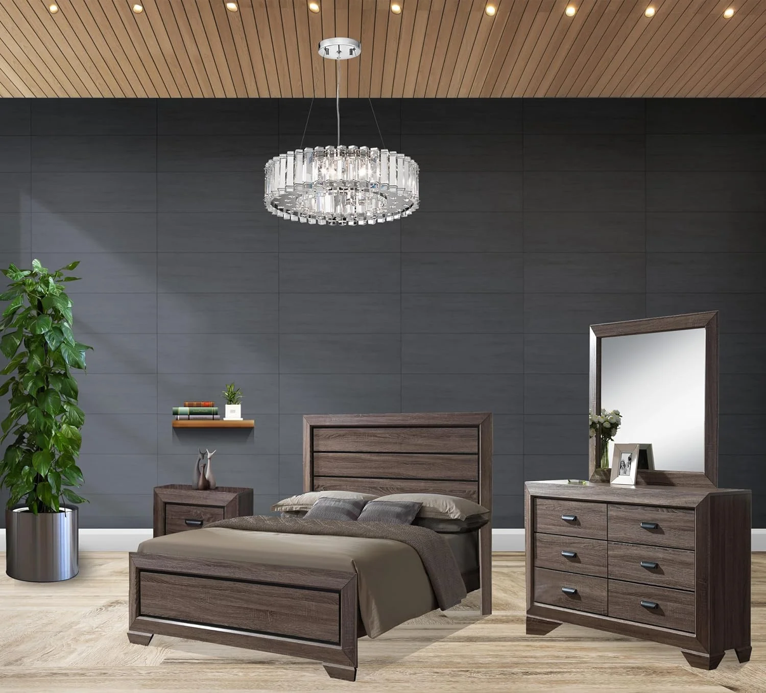 Kings Brand Furniture - 4-Piece Black/Brown Modern King Size Bedroom Furniture Set, Bed, Dresser, Mirror & Nightstand