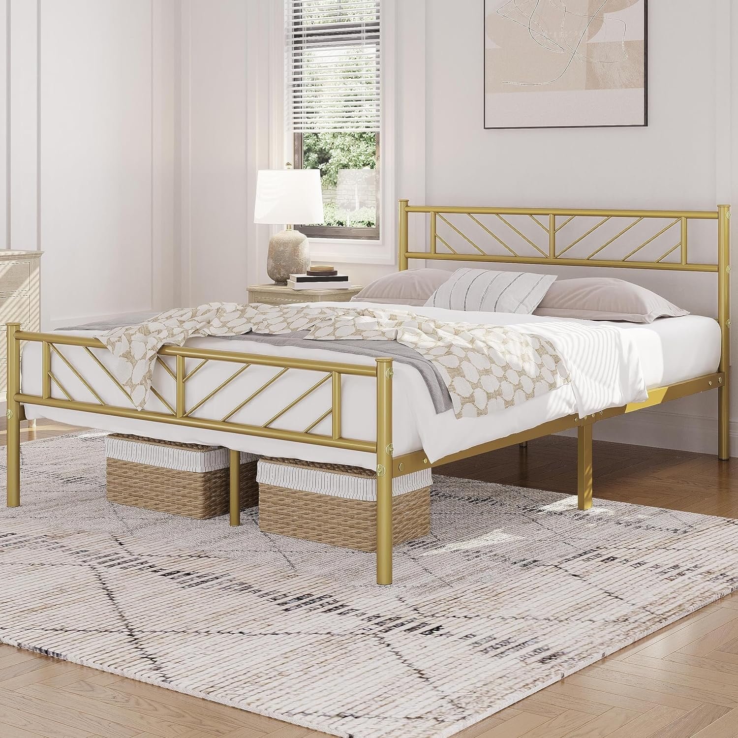 Queen Size Platform Bed Frame with Arrow Design Headboard,13 Inches Metal Mattress Foundation for Storage,No Box Spring Needed,Easy Assembly,Modern,Antique Gold