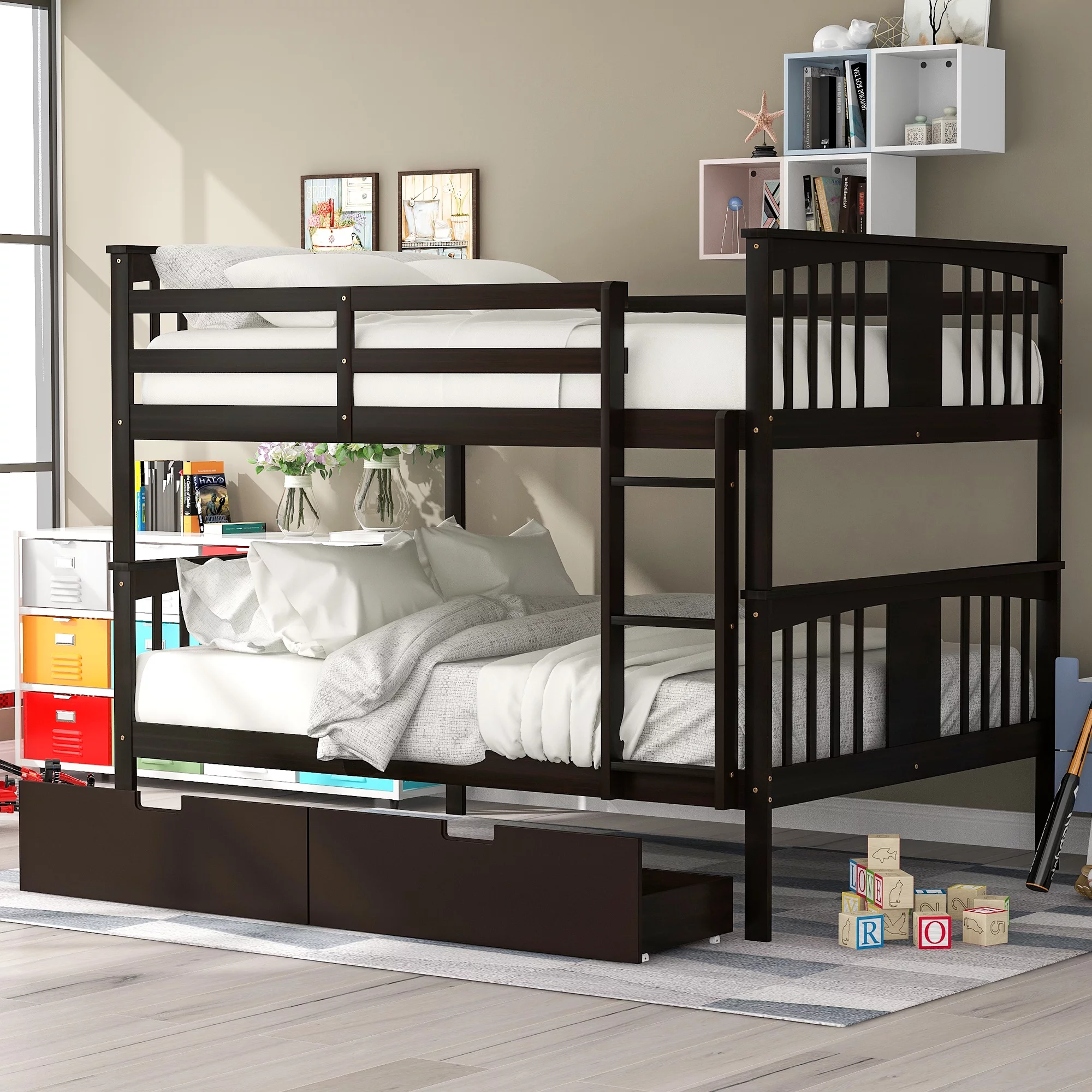 CoSoTower Full Over Full Bunk Bed With Drawers And Ladder For Bedroom, Guest Room Furniture-Espresso