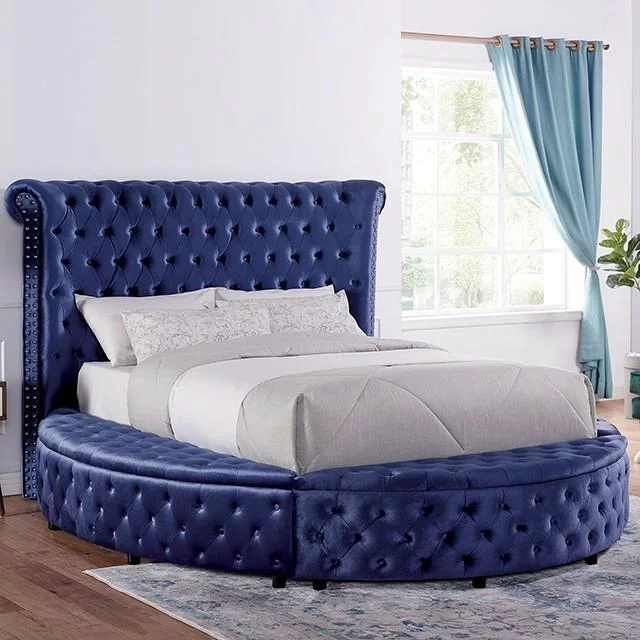 Glam Blue Velvet-Like Fabric King Bed Furniture of America CM7178BL Sansom