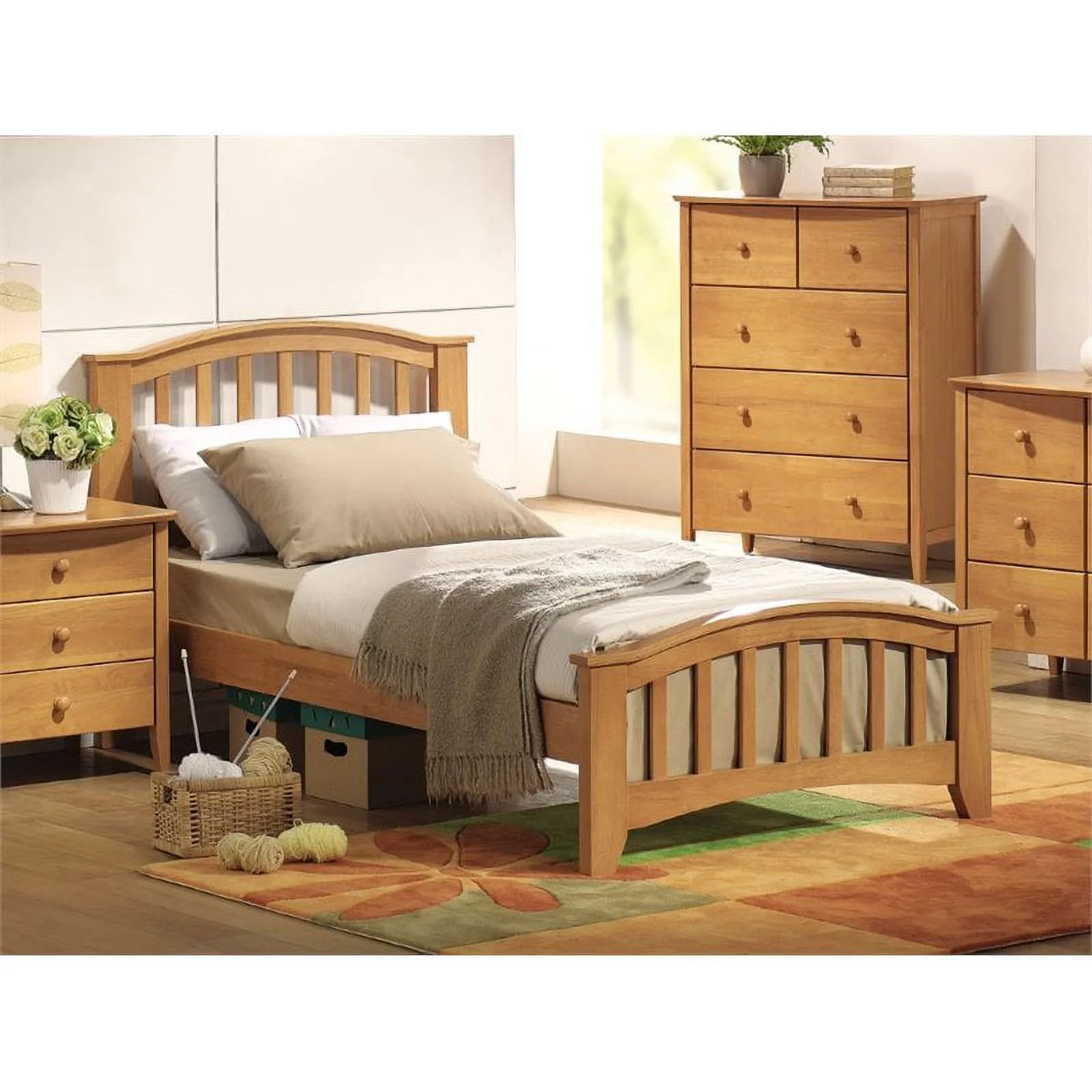 Bowery Hill Modern Twin Slat Bed with Headboard in Maple