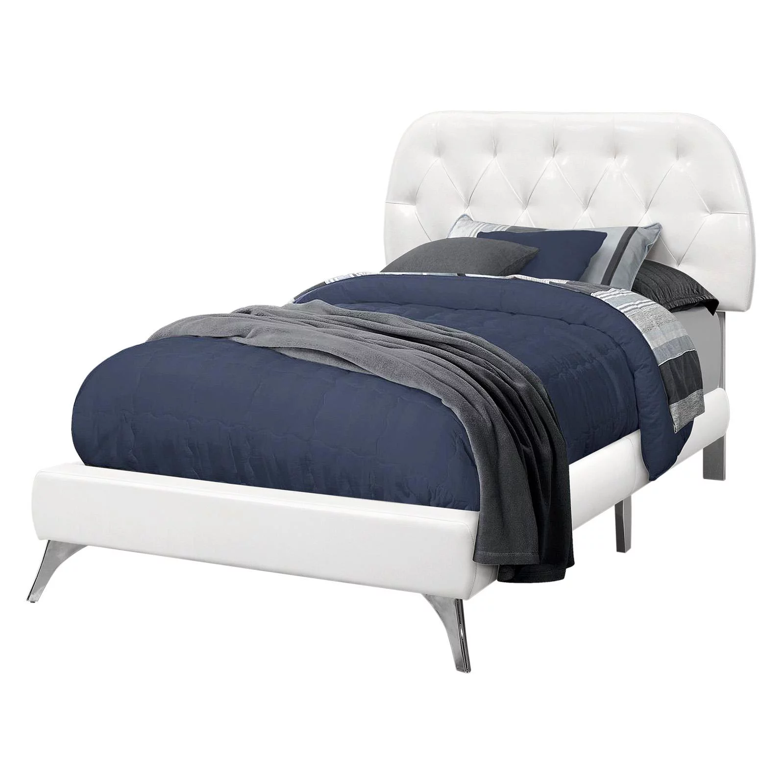 Monarch Specialties Bed - Twin Size, White Leather-Look With Chrome Legs