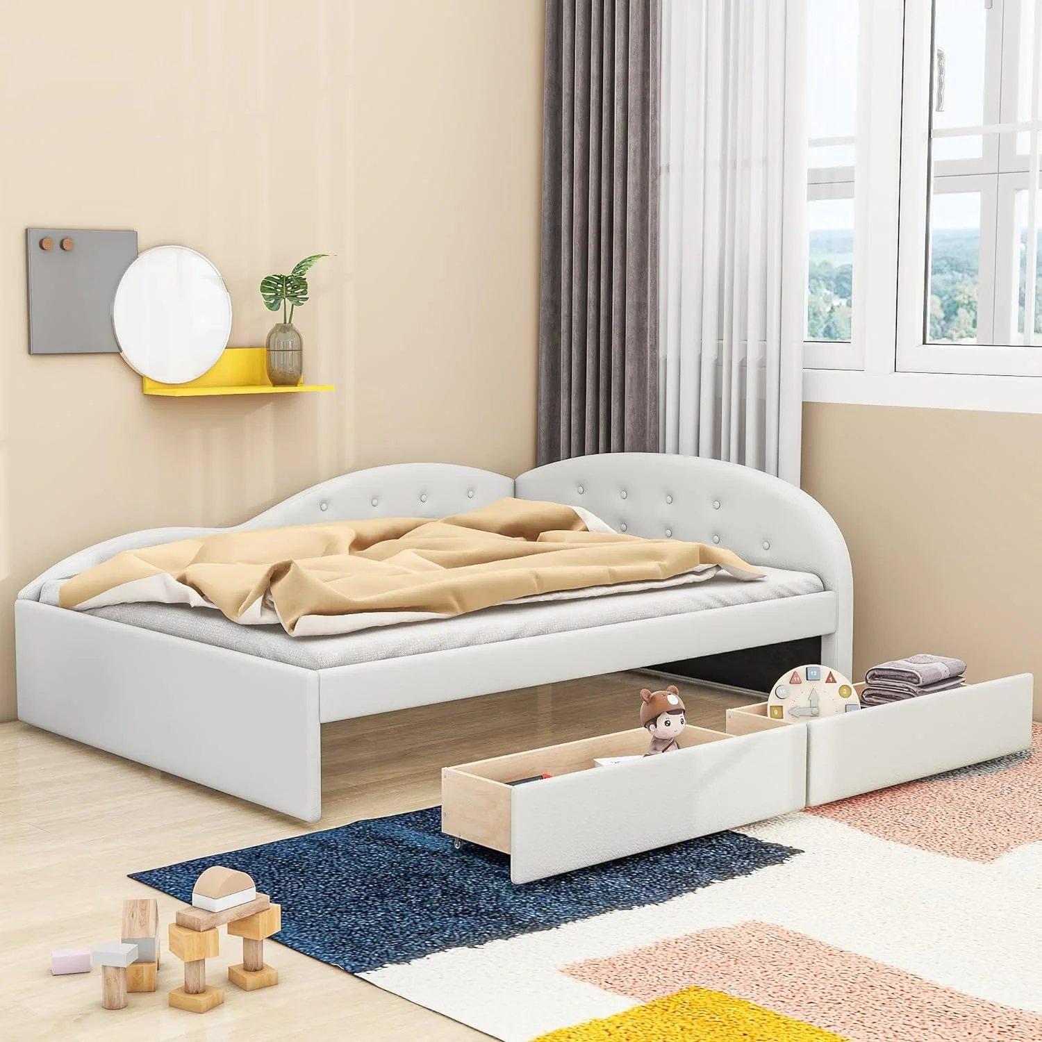 Full Daybed With Storage,PU Upholstered Tufted Daybed With 2 Drawers Ad Cloud Shaped Guardrail, Moder Full Storage Bed Sofa Daybed For Bedroom, Livig Room,White