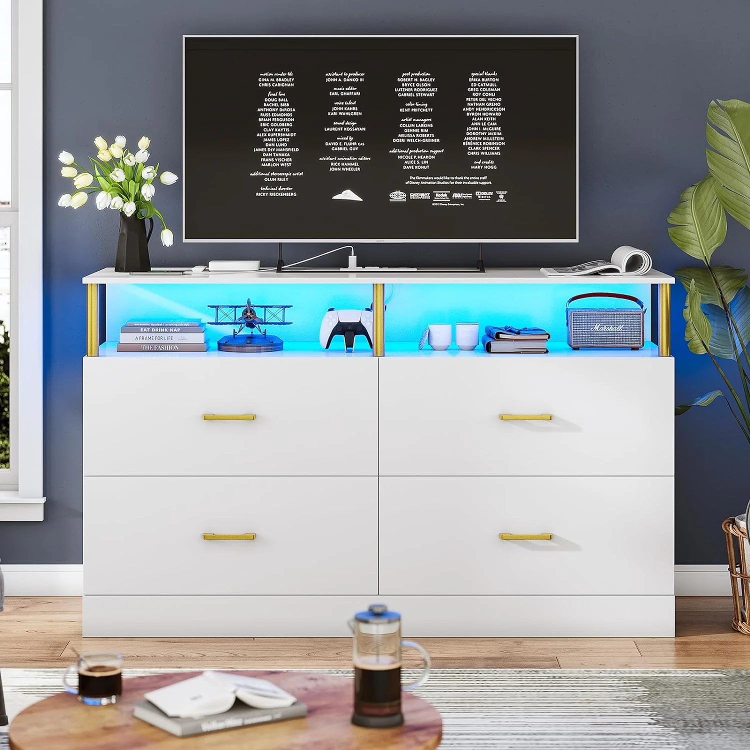 AOGLLATI White Dresser with Charging Station, Modern Bedroom Wide Led Drawers Dressers with 4 Drawer,Column Design