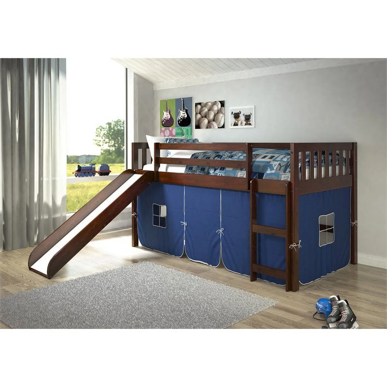 Rosebery Kids Twin Solid Wood Mission Low Loft Bed with Blue Tent in Cappuccino