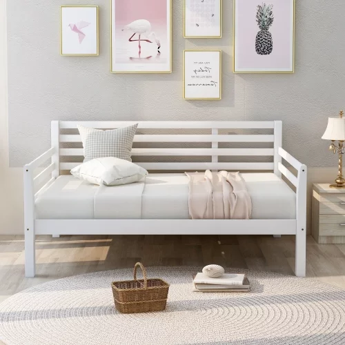 Full Size Wood Daybed with Headboard, Wood Sofa Bed Full with Wooden Slats Support, No Box Spring Needed, Wood Sofa Bed with Clean Lines, Full Daybed for Guest room and Bedroom Living Room(White)