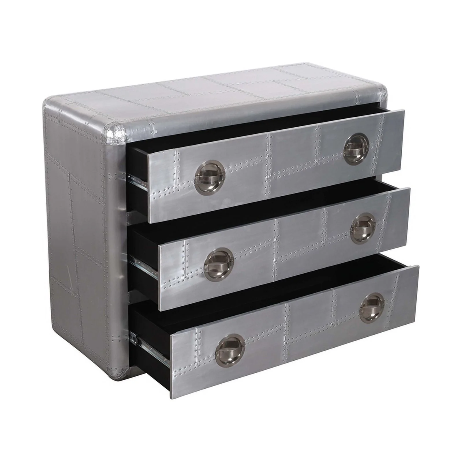 Pilot 3-Drawer Chest with Silver Aluminum Cladding and Exposed Steel Screws