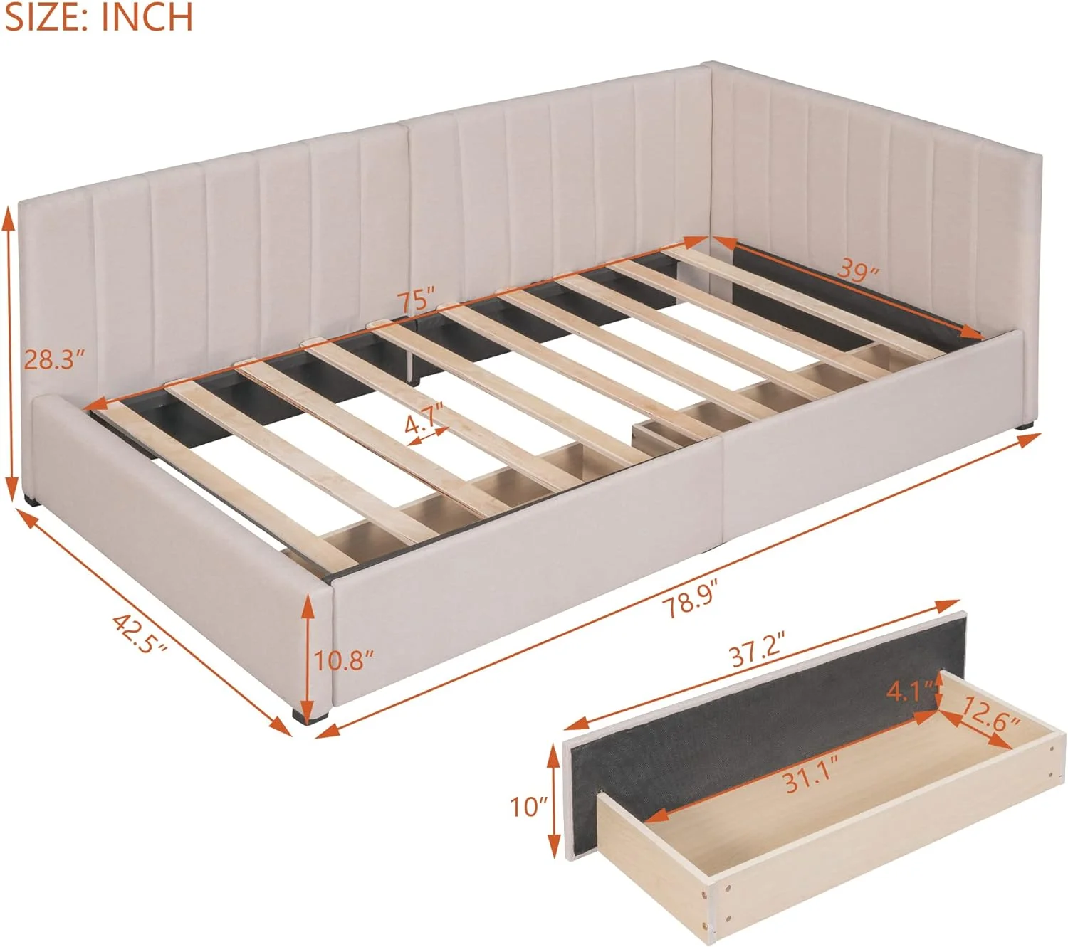 Upholsered Daybed Wih 2 Sorage Drawers, Size Daybed Wih Wood Slas, Lie Fabric Sofa Bed Frame For Livig Room Bedroom (, Beige)